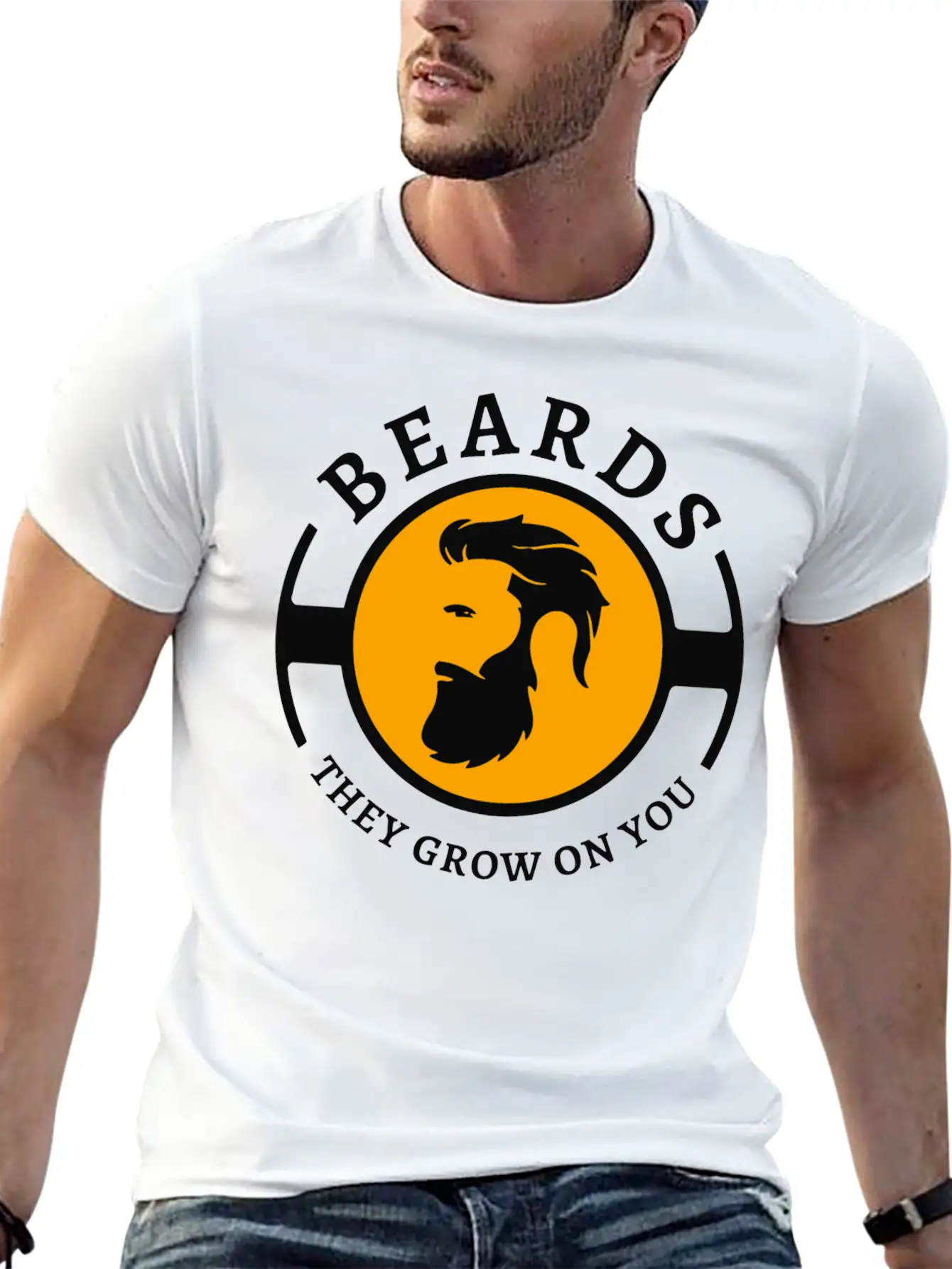 Beards, They Grow On You | Minimal Orange Design Unisex Short Sleeve Soft Cotton T-Shirt – Casual Everyday Wear