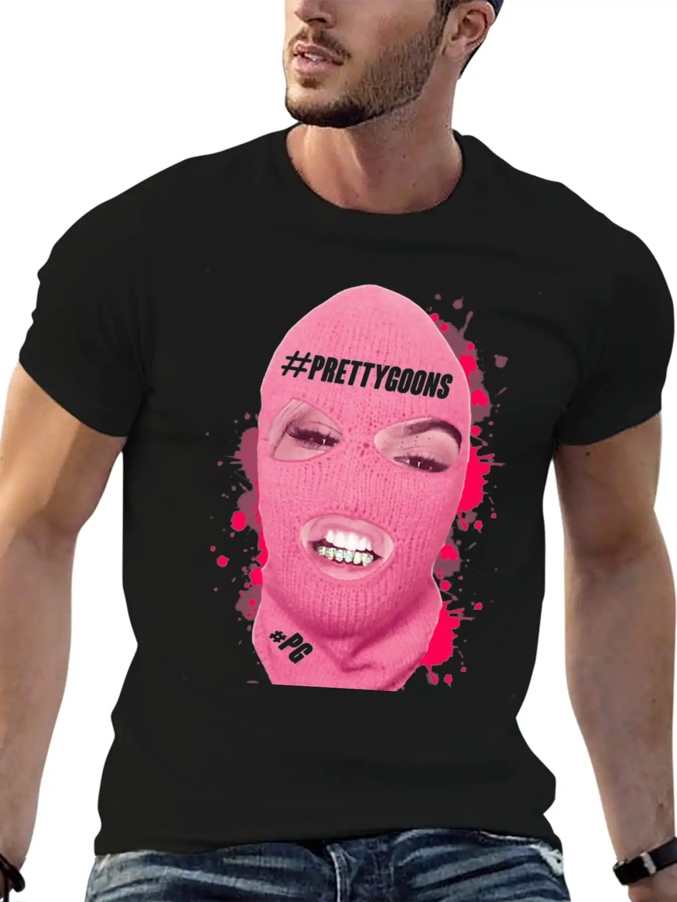 BIG Mask Pink Splatter - Pretty Goons Stylish Everyday T-Shirt – Unisex Basic Cotton Tee