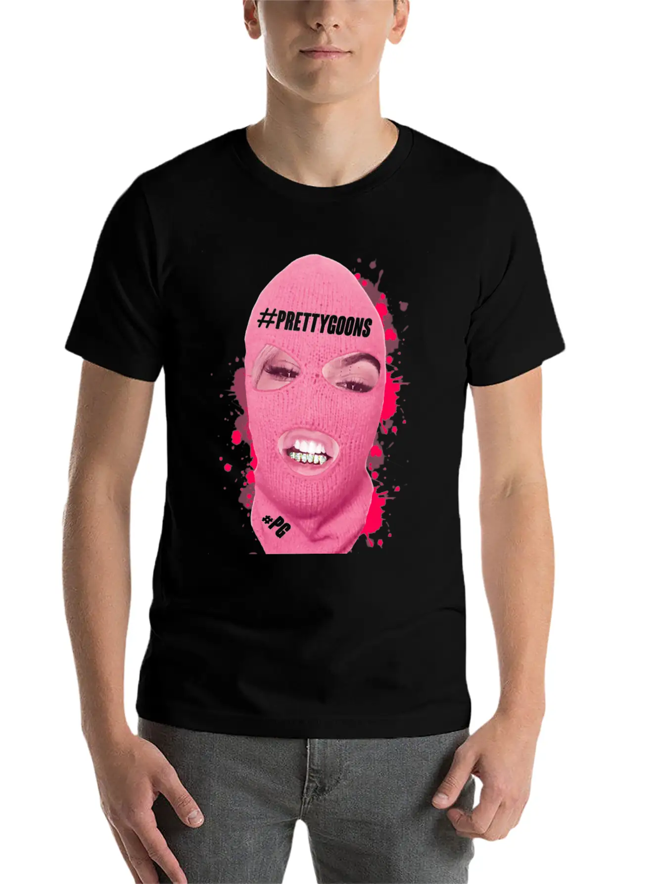 BIG Mask Pink Splatter - Pretty Goons Stylish Everyday T-Shirt – Unisex Basic Cotton Tee