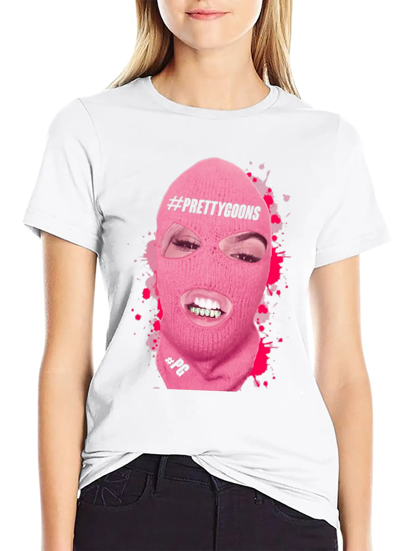 BIG Mask Pink Splatter - Pretty Goons Stylish Everyday T-Shirt – Unisex Basic Cotton Tee