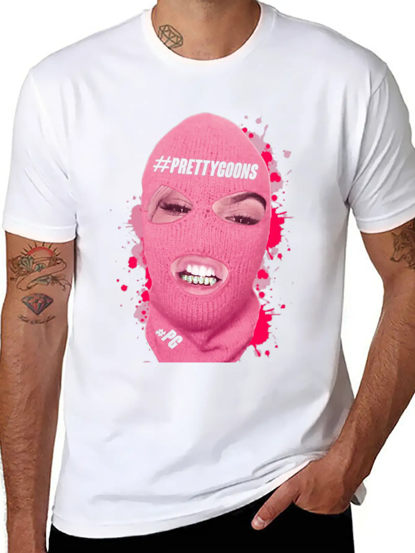 BIG Mask Pink Splatter - Pretty Goons Stylish Everyday T-Shirt – Unisex Basic Cotton Tee