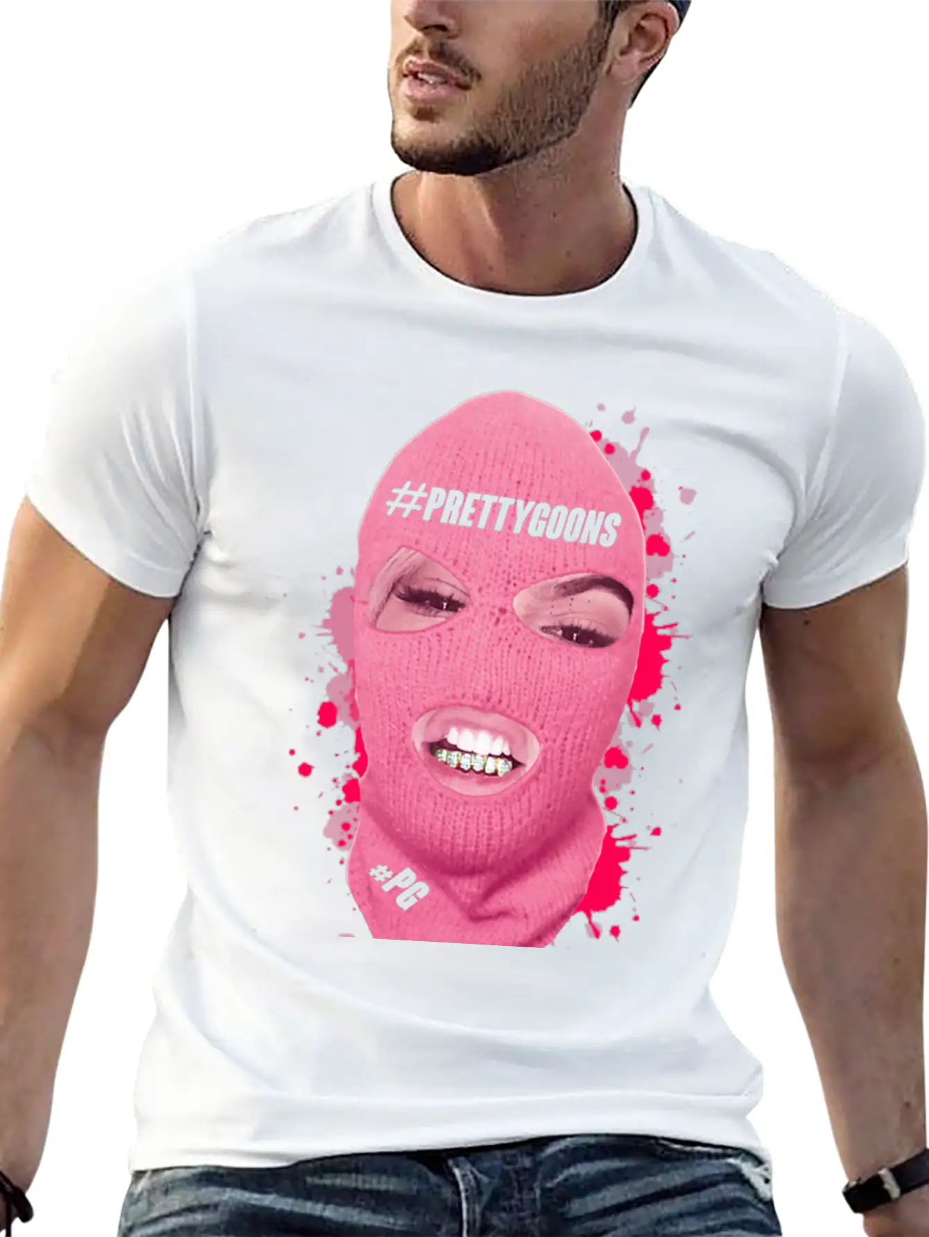 BIG Mask Pink Splatter - Pretty Goons Stylish Everyday T-Shirt – Unisex Basic Cotton Tee