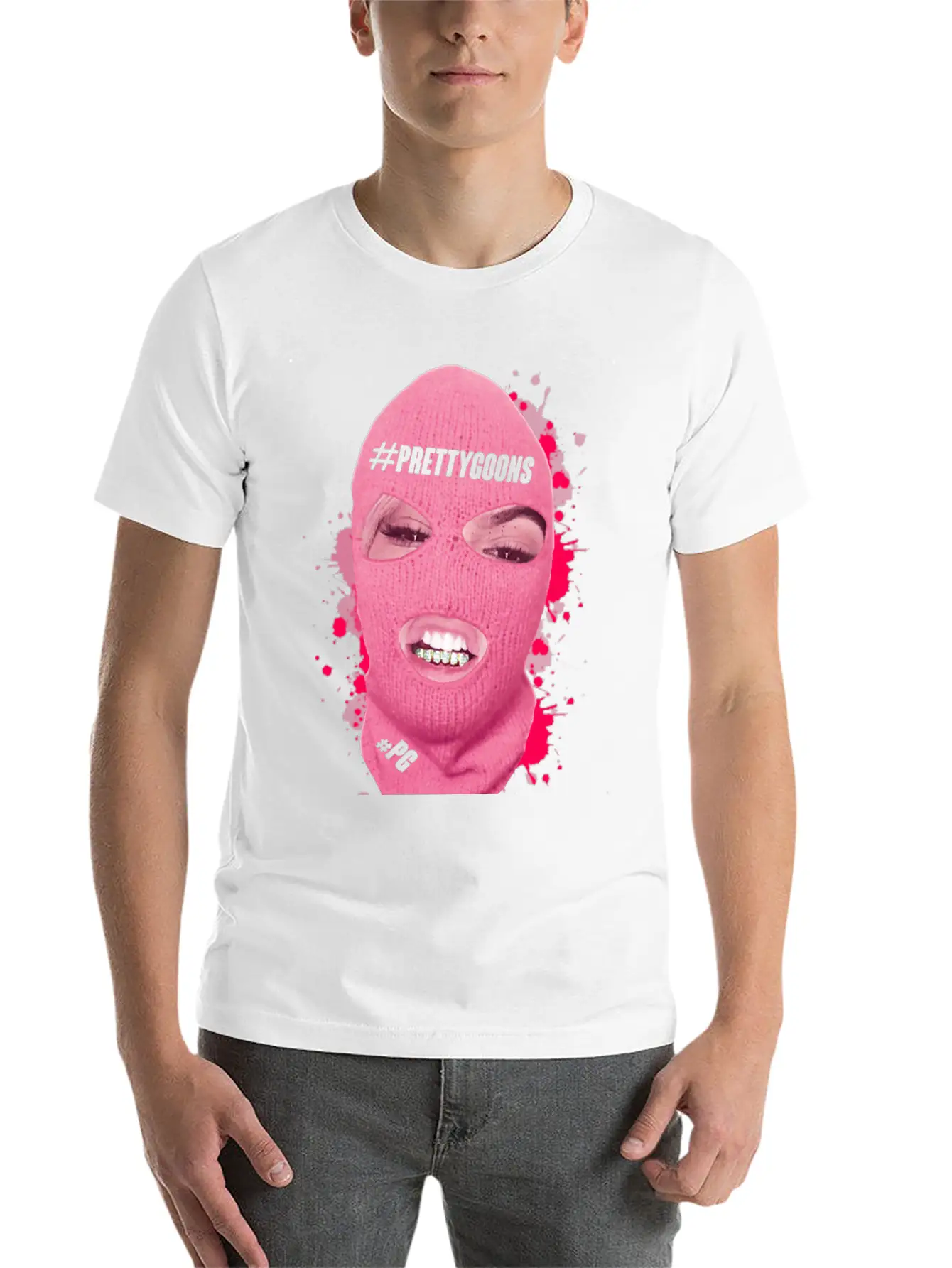 BIG Mask Pink Splatter - Pretty Goons Stylish Everyday T-Shirt – Unisex Basic Cotton Tee