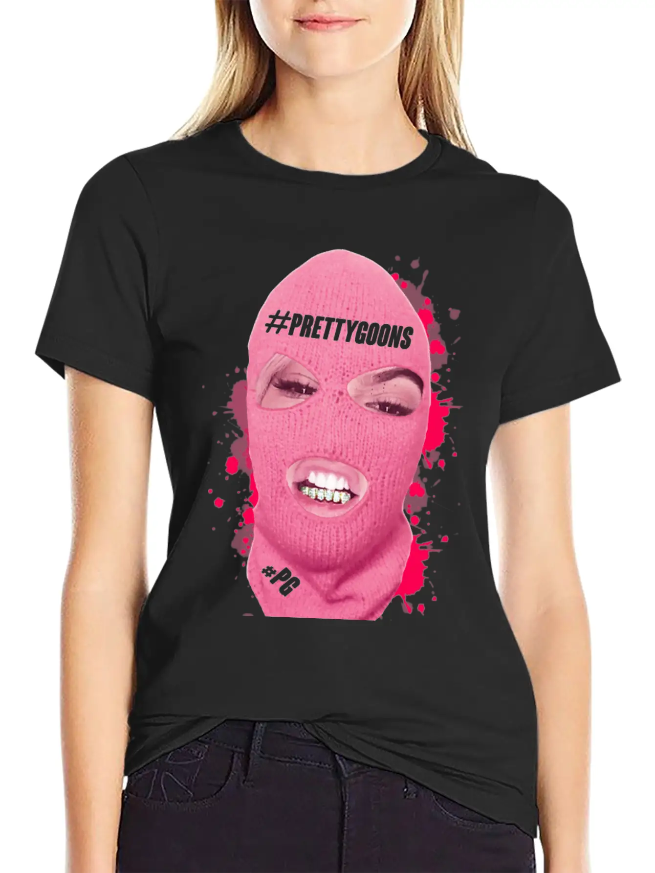 BIG Mask Pink Splatter - Pretty Goons Stylish Everyday T-Shirt – Unisex Basic Cotton Tee
