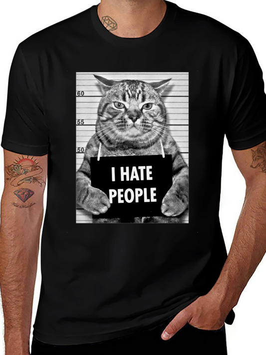 I Hate People Cat Mugshot Graphic Tee - Black