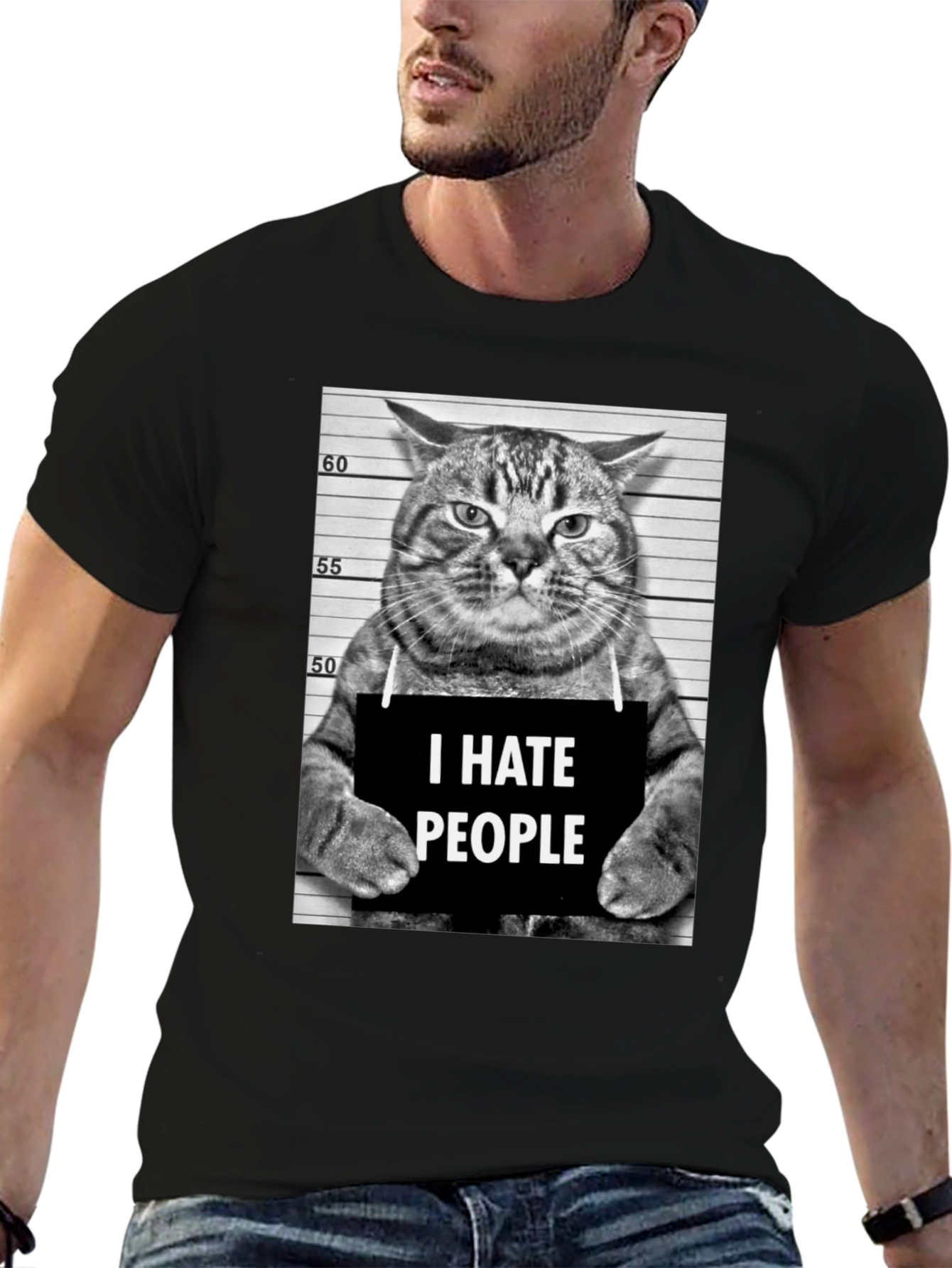 I Hate People Cat Mugshot Graphic Tee - Black