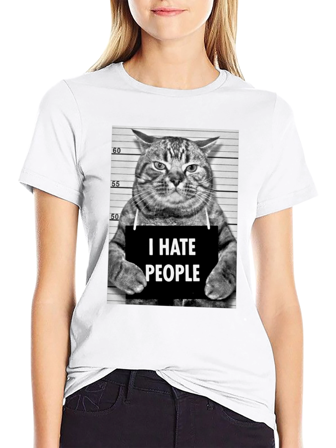I Hate People Cat Mugshot Graphic Tee - Black