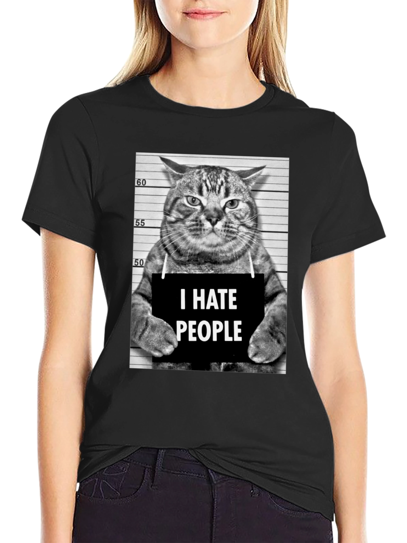 I Hate People Cat Mugshot Graphic Tee - Black
