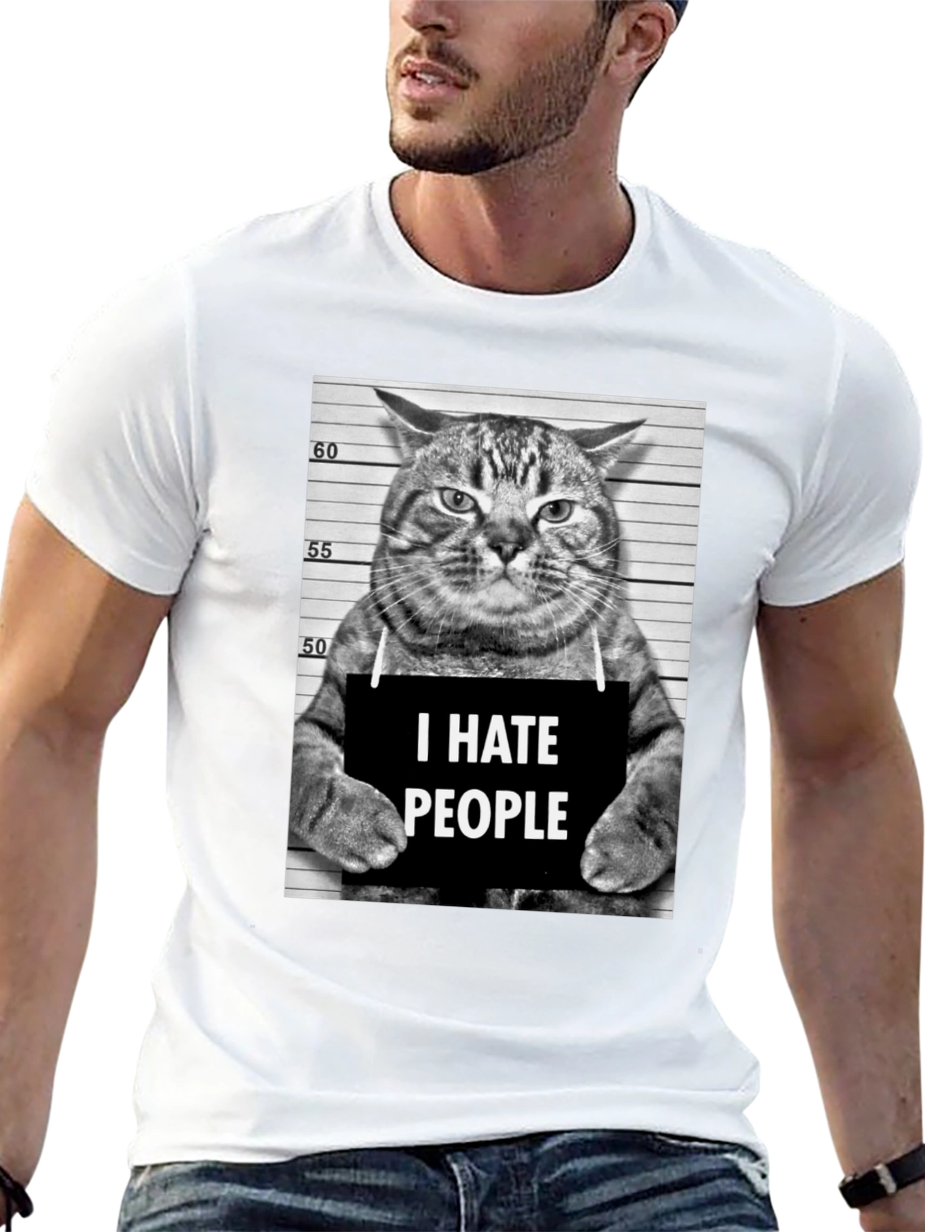 I Hate People Cat Mugshot Graphic Tee - Black