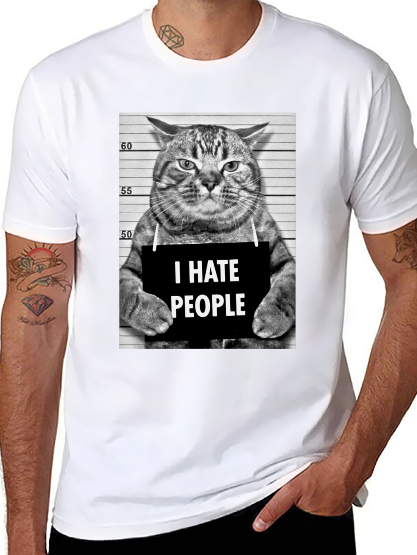 I Hate People Cat Mugshot Graphic Tee - Black