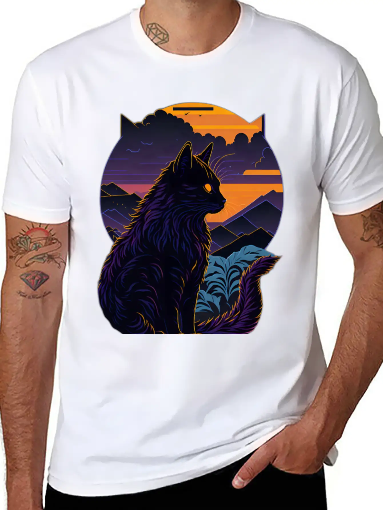 Black Cat At Sunset Stylish Everyday T-Shirt – Unisex Basic Cotton Tee
