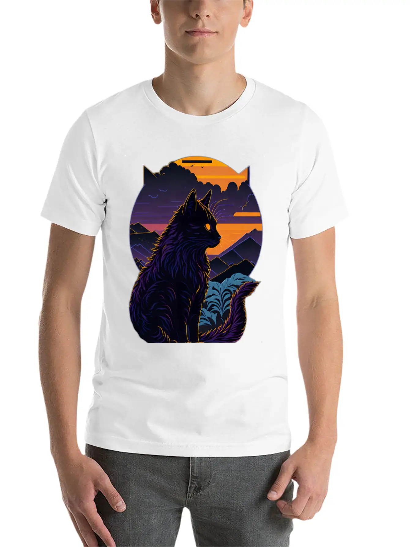 Black Cat At Sunset Stylish Everyday T-Shirt – Unisex Basic Cotton Tee