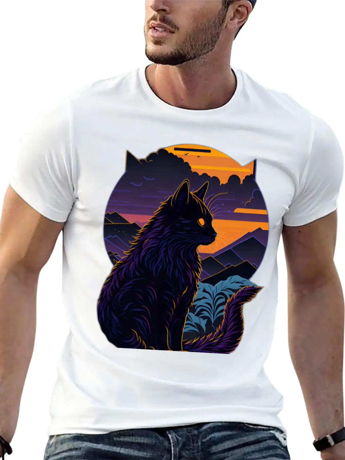 Black Cat At Sunset Stylish Everyday T-Shirt – Unisex Basic Cotton Tee