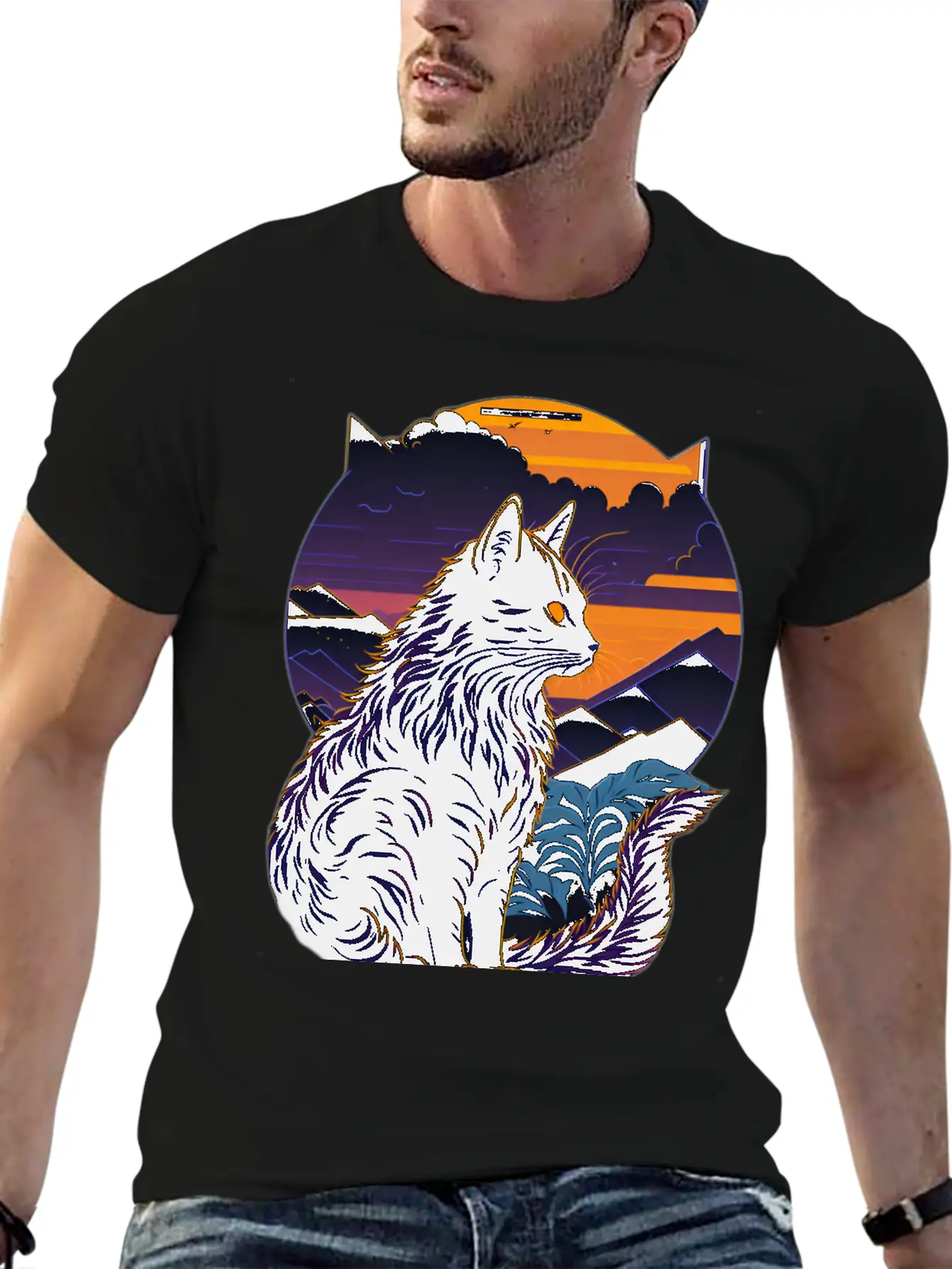 Black Cat At Sunset Stylish Everyday T-Shirt – Unisex Basic Cotton Tee