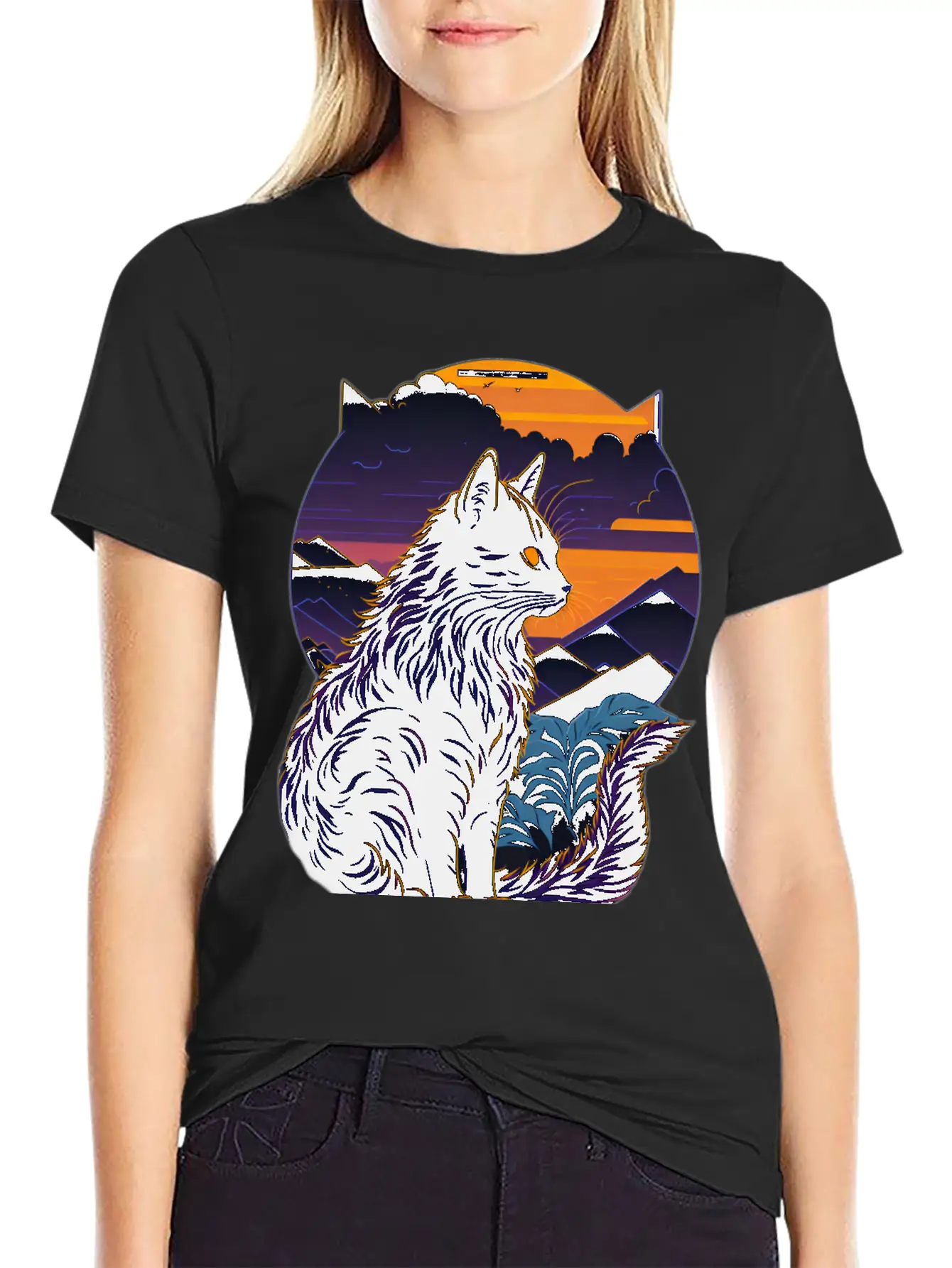 Black Cat At Sunset Stylish Everyday T-Shirt – Unisex Basic Cotton Tee