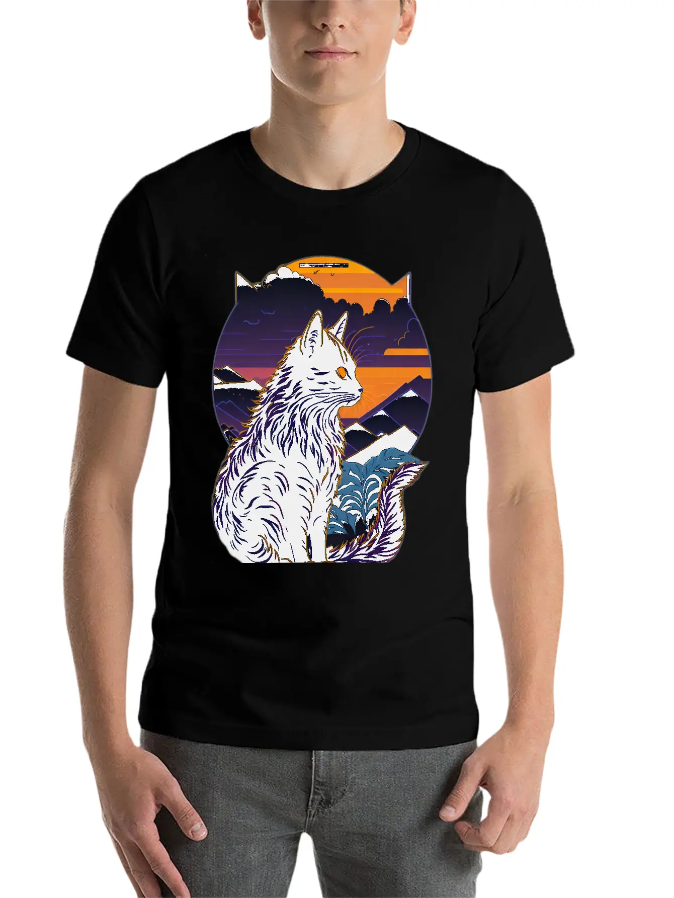 Black Cat At Sunset Stylish Everyday T-Shirt – Unisex Basic Cotton Tee