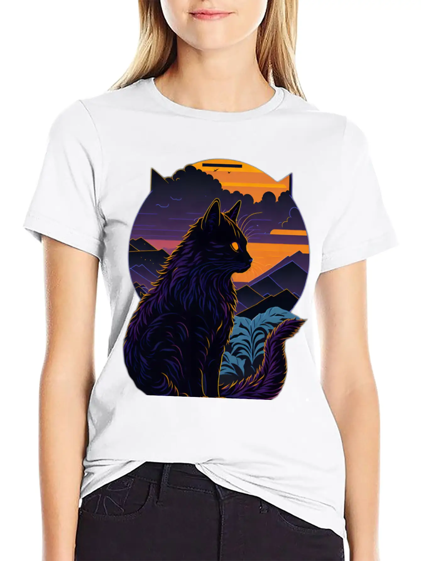 Black Cat At Sunset Stylish Everyday T-Shirt – Unisex Basic Cotton Tee