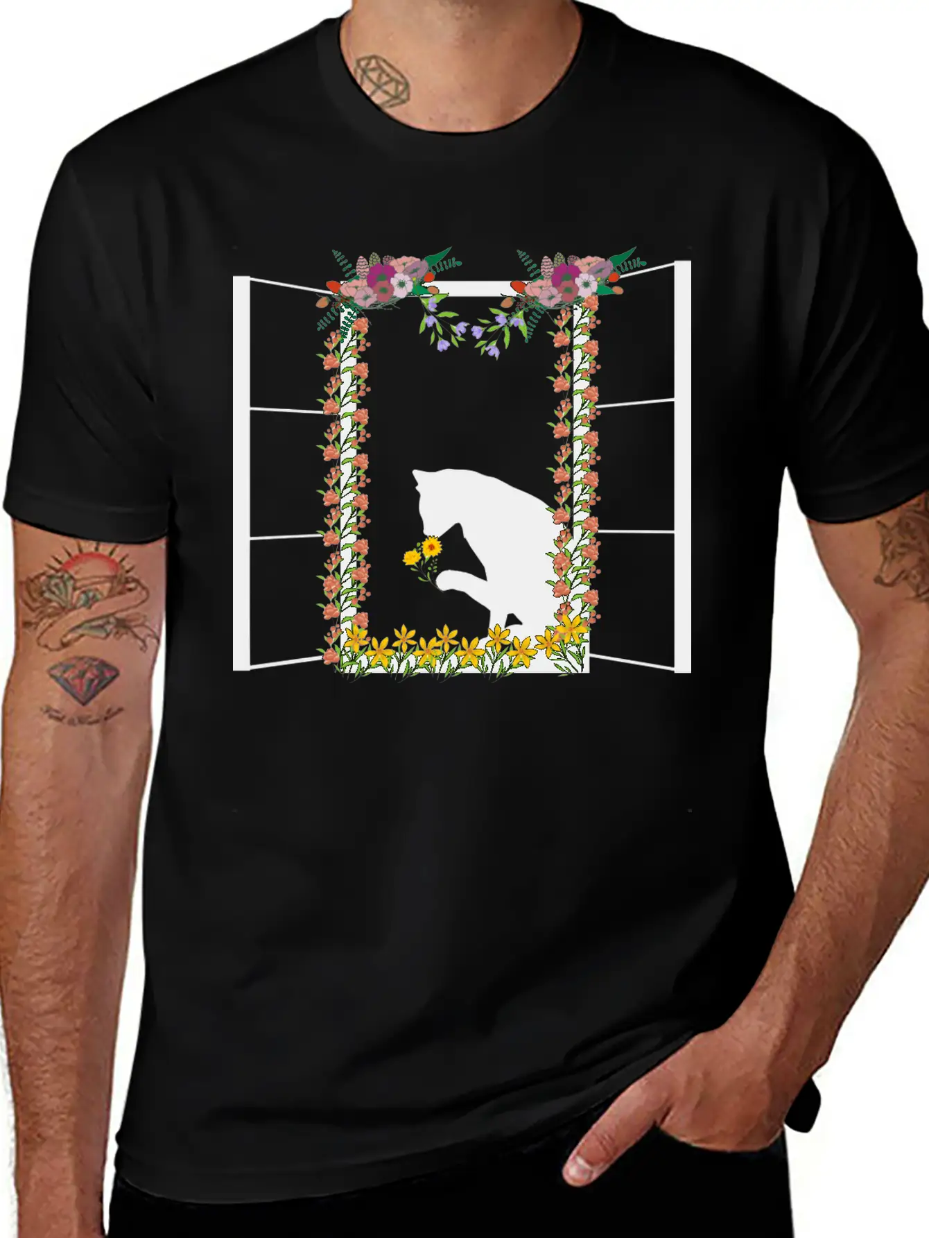 Black Cat With Flower Unisex Short Sleeve Soft Cotton T-Shirt – Casual Everyday Wear