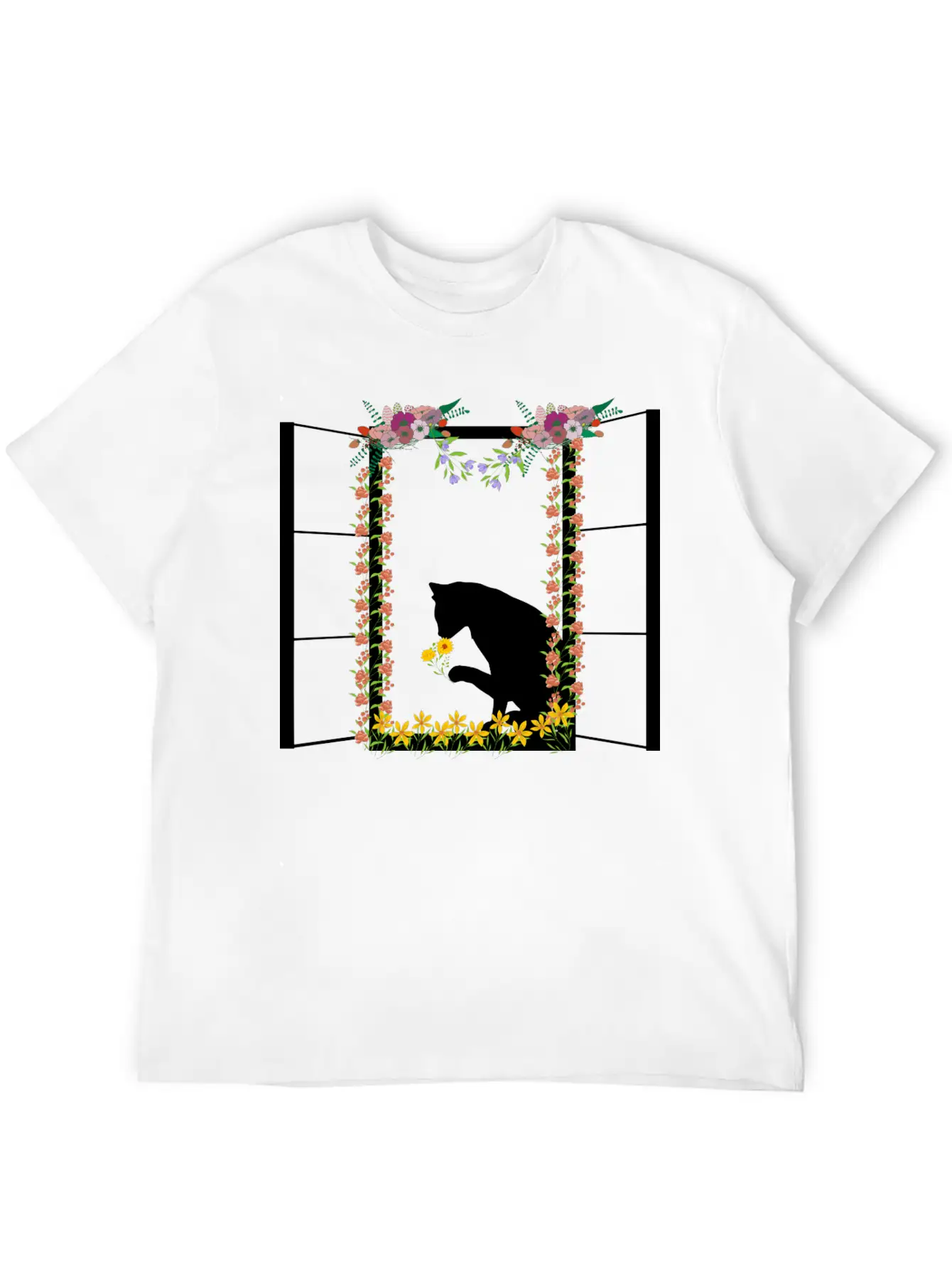 Black Cat With Flower Unisex Short Sleeve Soft Cotton T-Shirt – Casual Everyday Wear