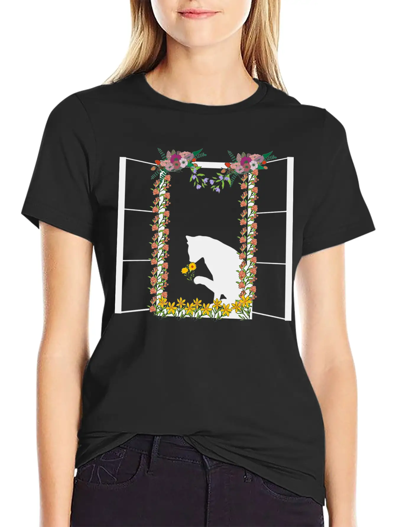 Black Cat With Flower Unisex Short Sleeve Soft Cotton T-Shirt – Casual Everyday Wear