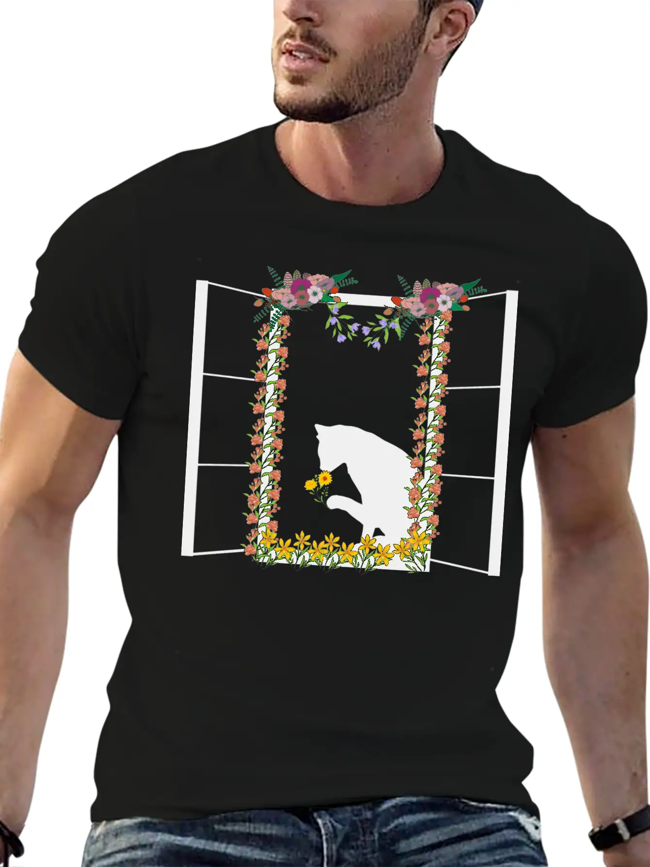 Black Cat With Flower Unisex Short Sleeve Soft Cotton T-Shirt – Casual Everyday Wear