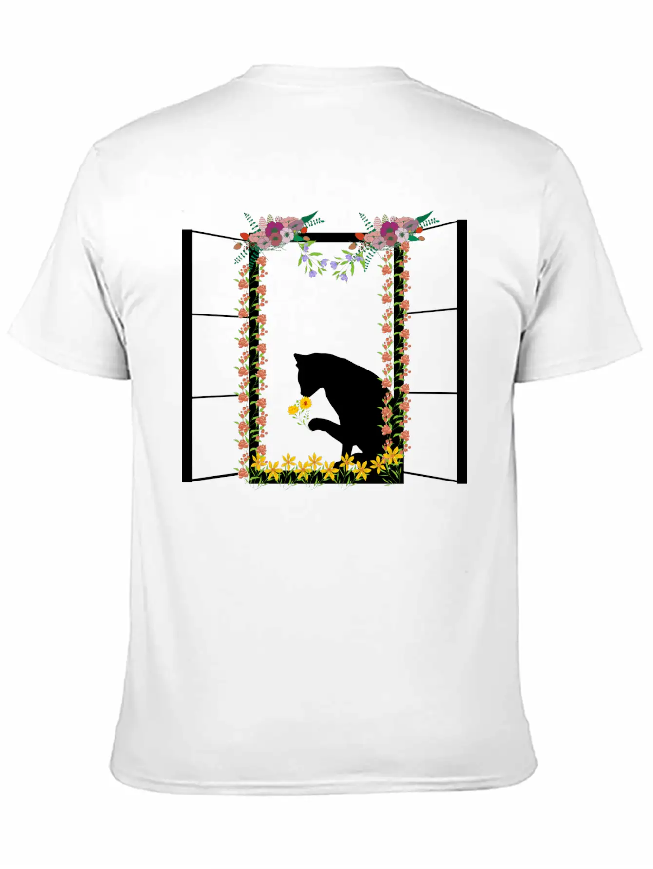 Black Cat With Flower Unisex Short Sleeve Soft Cotton T-Shirt – Casual Everyday Wear