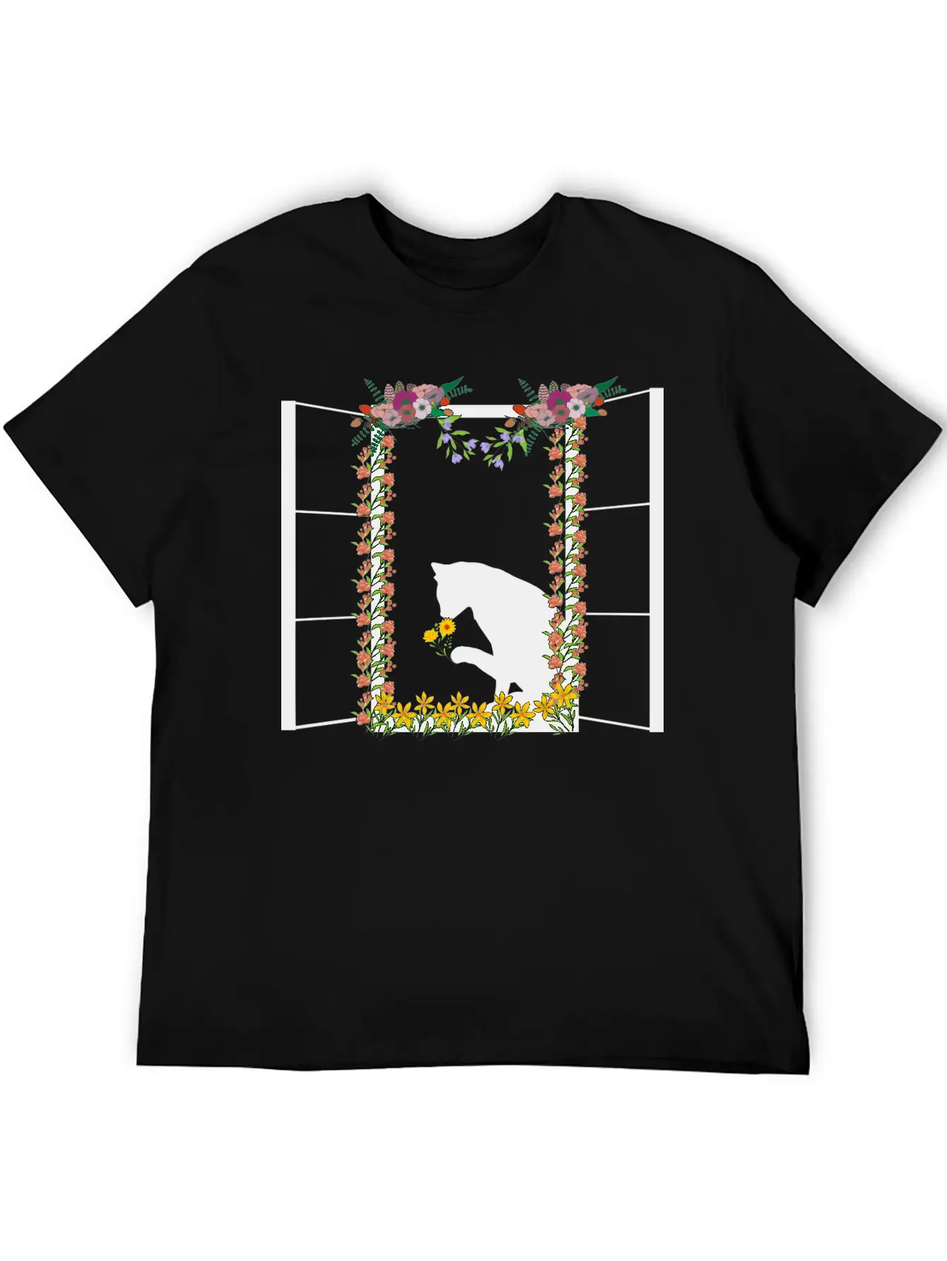 Black Cat With Flower Unisex Short Sleeve Soft Cotton T-Shirt – Casual Everyday Wear