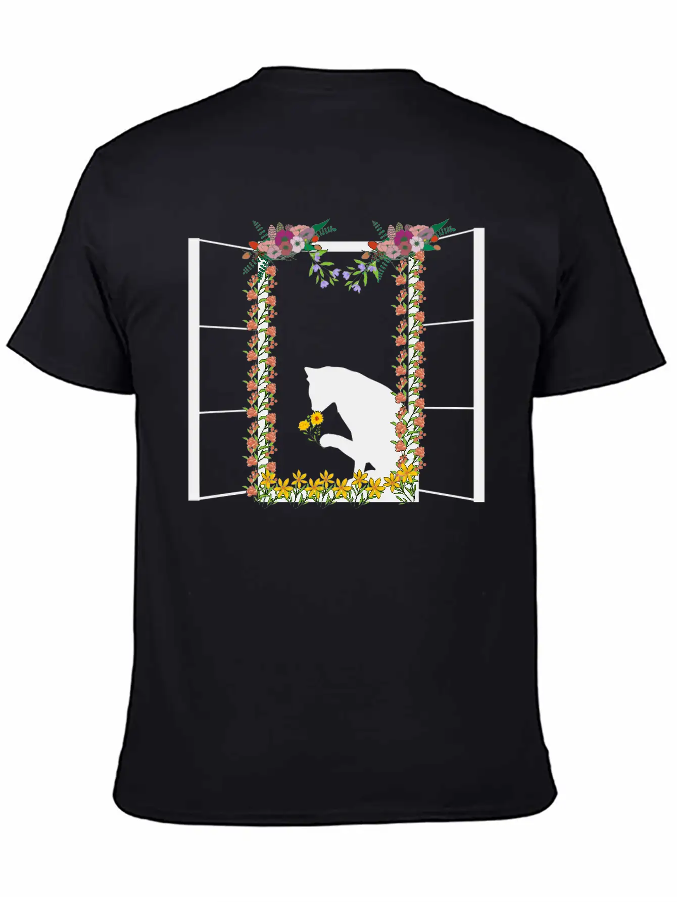 Black Cat With Flower Unisex Short Sleeve Soft Cotton T-Shirt – Casual Everyday Wear