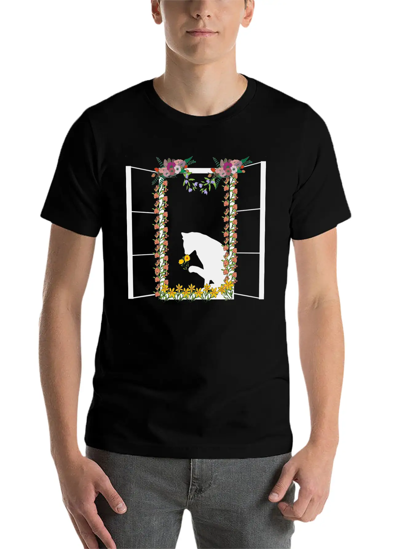 Black Cat With Flower Unisex Short Sleeve Soft Cotton T-Shirt – Casual Everyday Wear