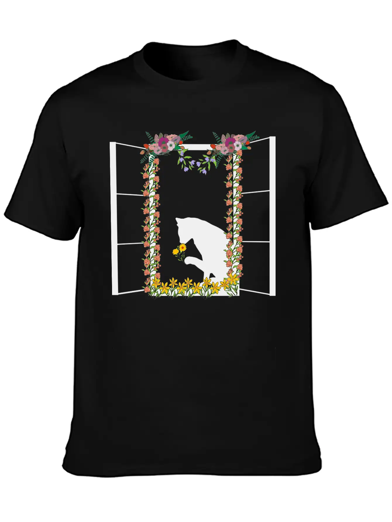Black Cat With Flower Unisex Short Sleeve Soft Cotton T-Shirt – Casual Everyday Wear