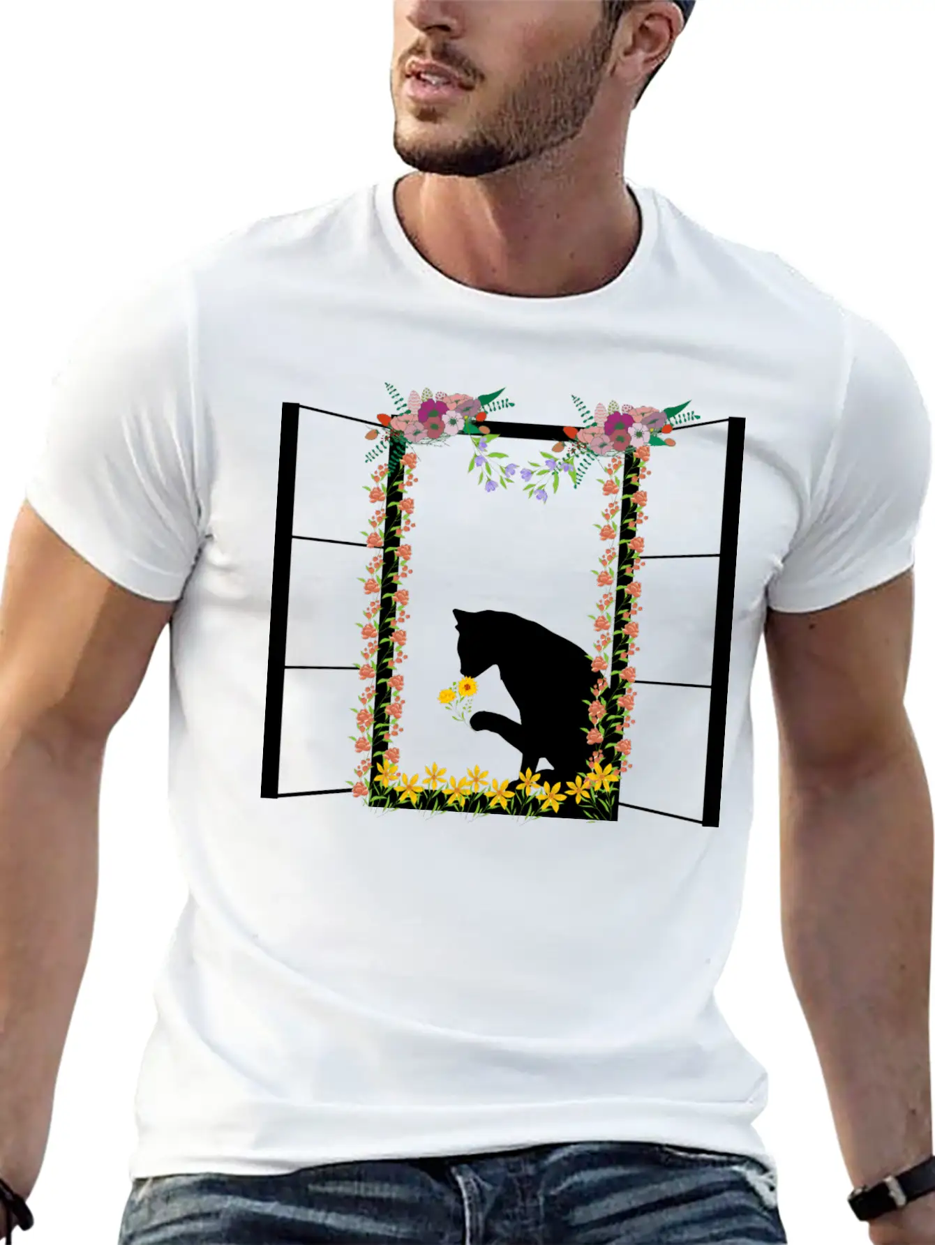 Black Cat With Flower Unisex Short Sleeve Soft Cotton T-Shirt – Casual Everyday Wear
