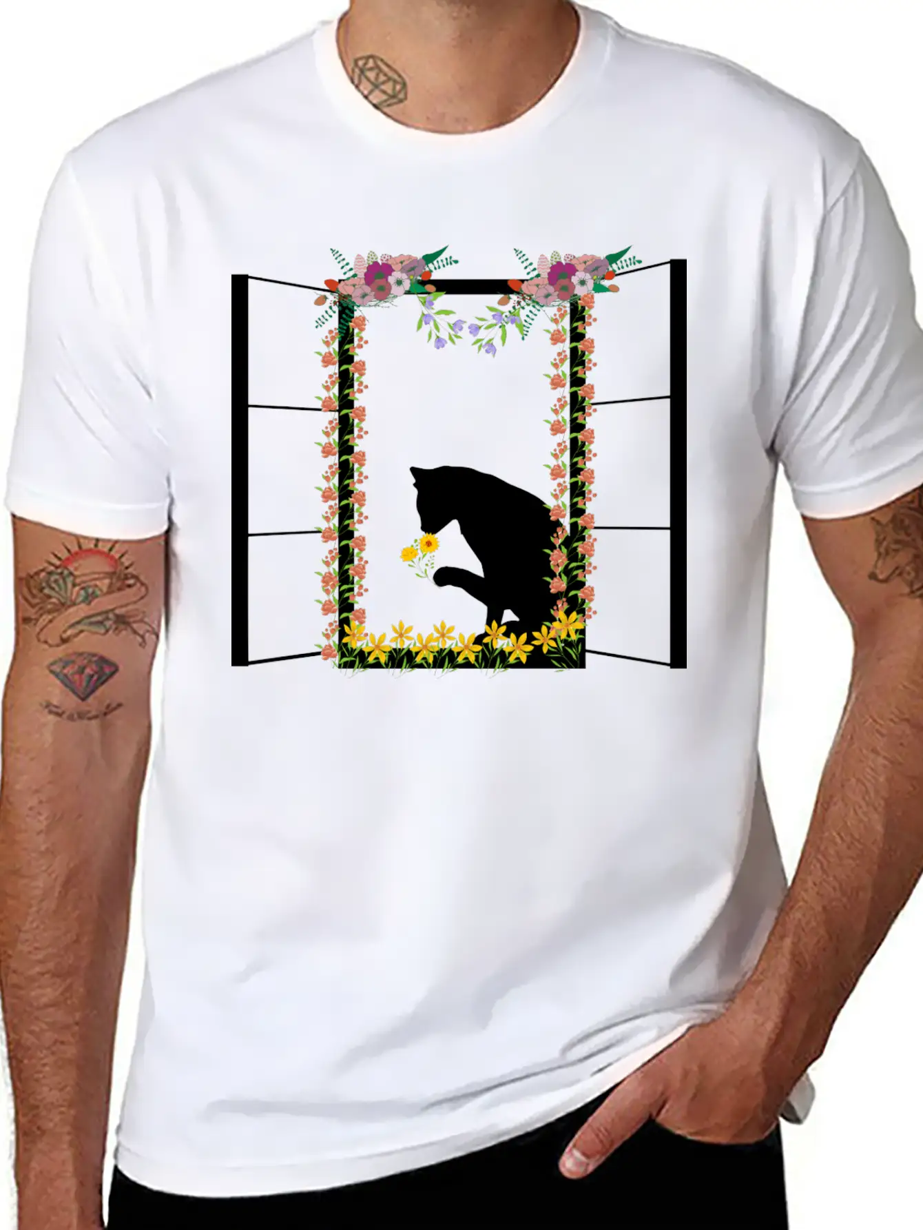 Black Cat With Flower Unisex Short Sleeve Soft Cotton T-Shirt – Casual Everyday Wear