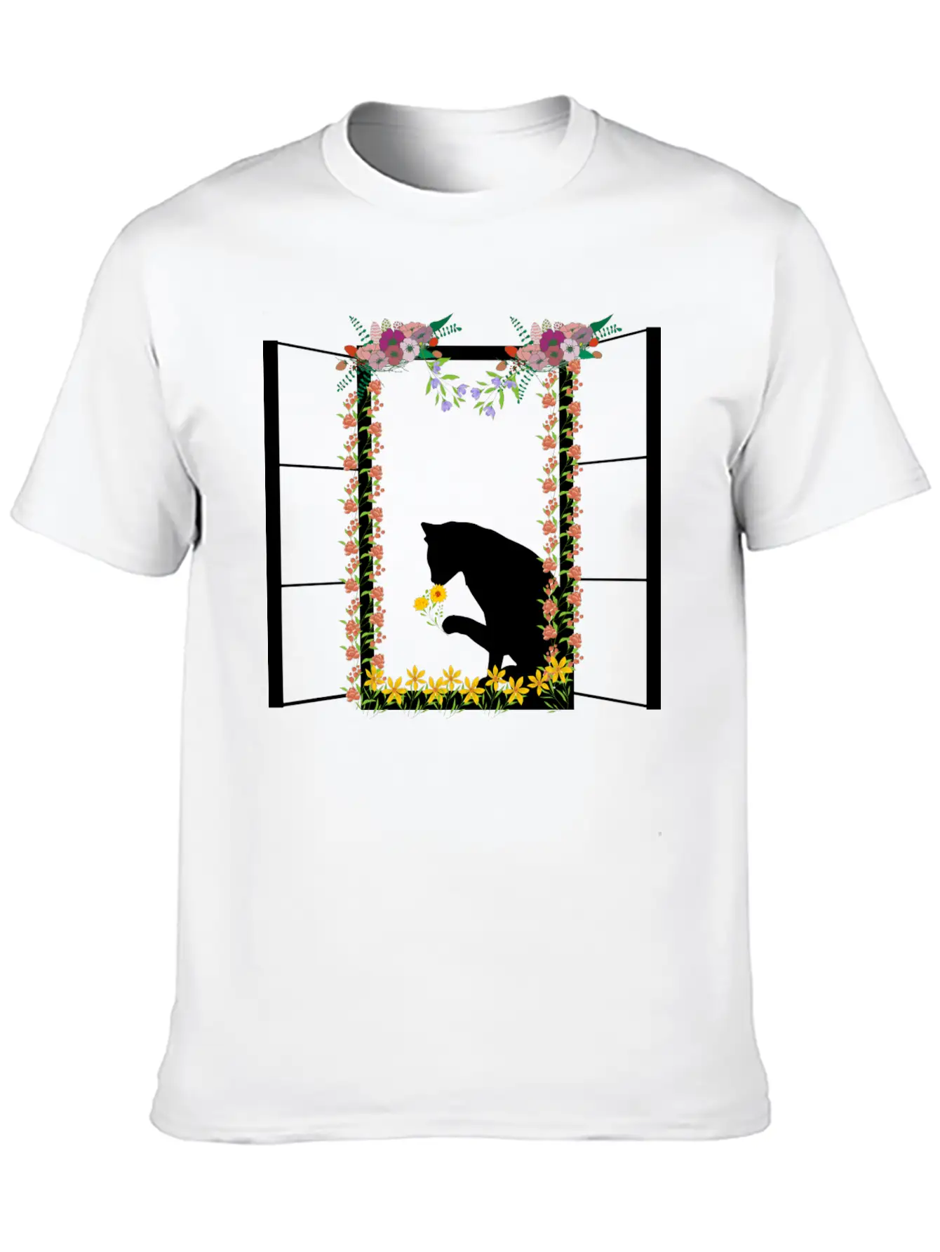 Black Cat With Flower Unisex Short Sleeve Soft Cotton T-Shirt – Casual Everyday Wear