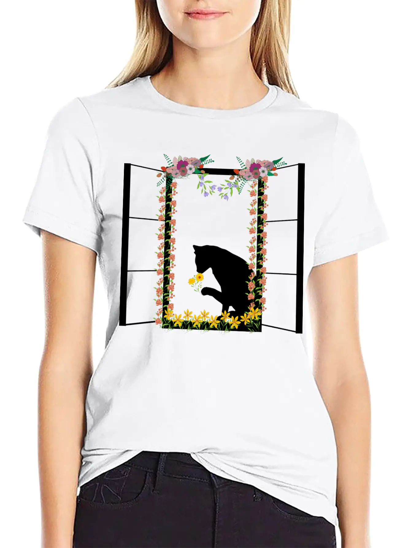 Black Cat With Flower Unisex Short Sleeve Soft Cotton T-Shirt – Casual Everyday Wear