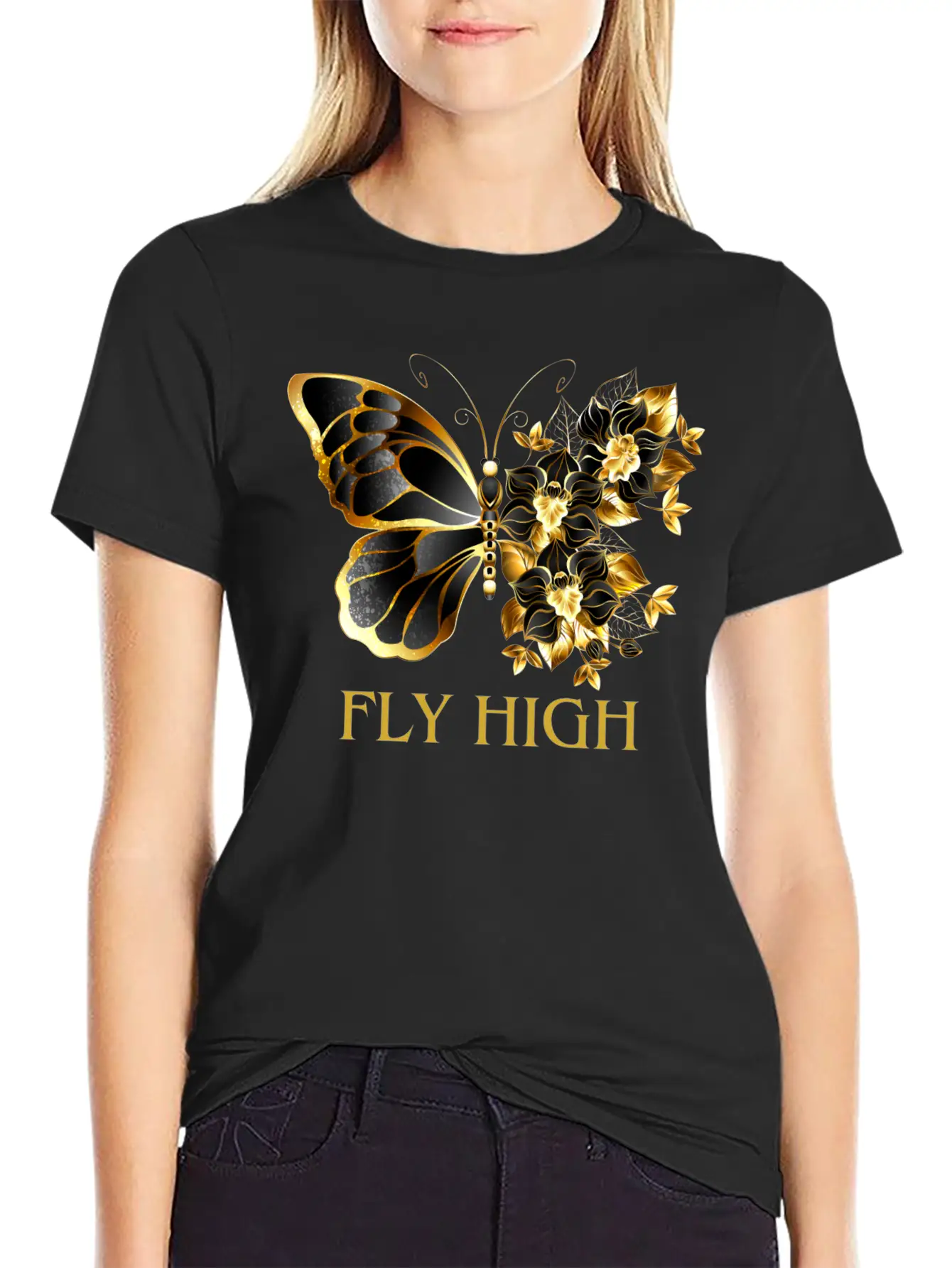 Black & Gold Butterfly With Floral Side Design Timeless Short Sleeve Tee – Comfy And Minimalist Design