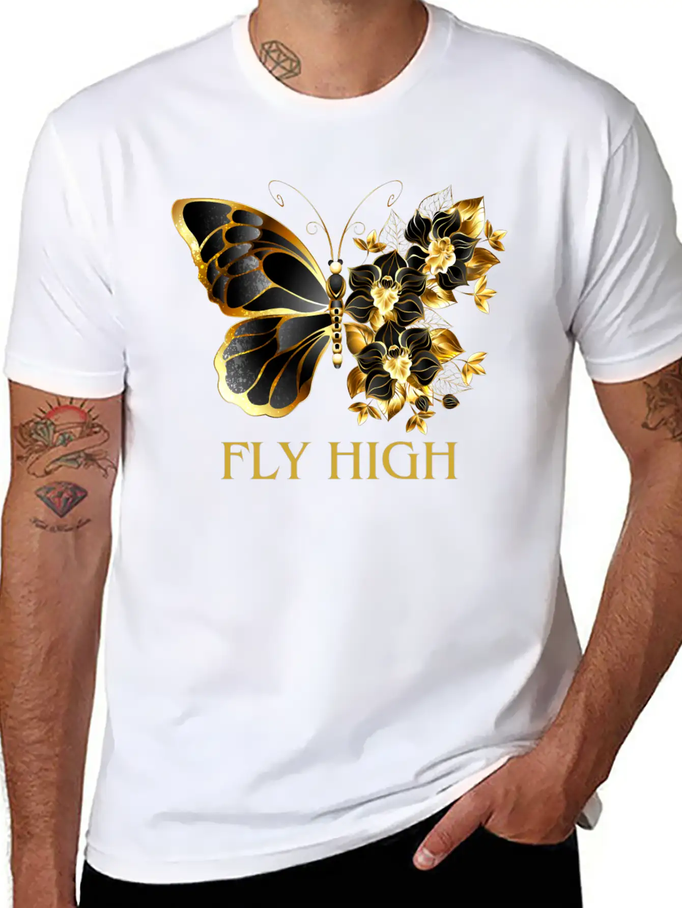 Black & Gold Butterfly With Floral Side Design Timeless Short Sleeve Tee – Comfy And Minimalist Design