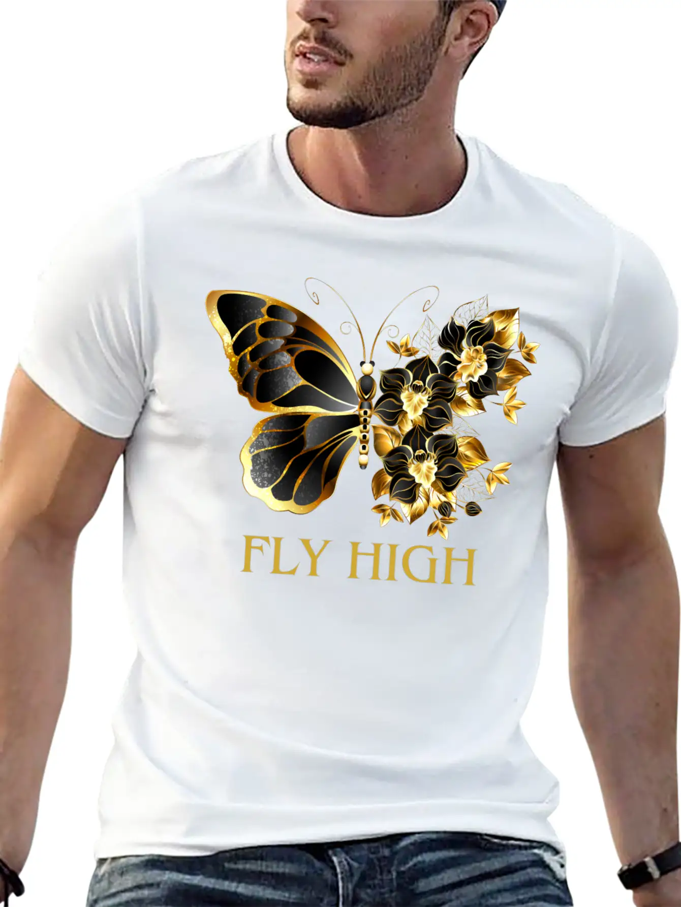 Black & Gold Butterfly With Floral Side Design Timeless Short Sleeve Tee – Comfy And Minimalist Design