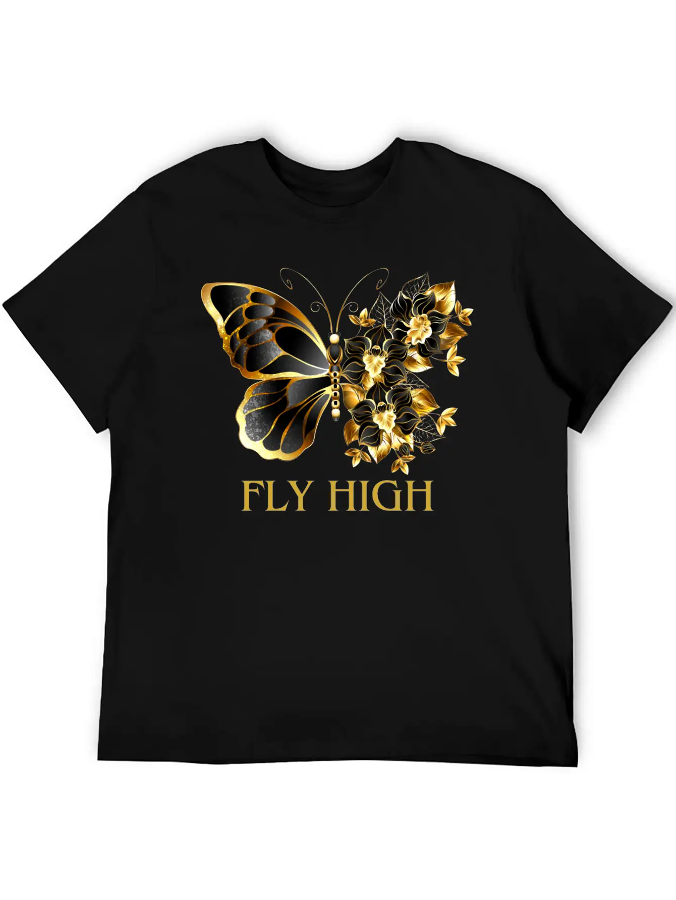 Black & Gold Butterfly With Floral Side Design Timeless Short Sleeve Tee – Comfy And Minimalist Design