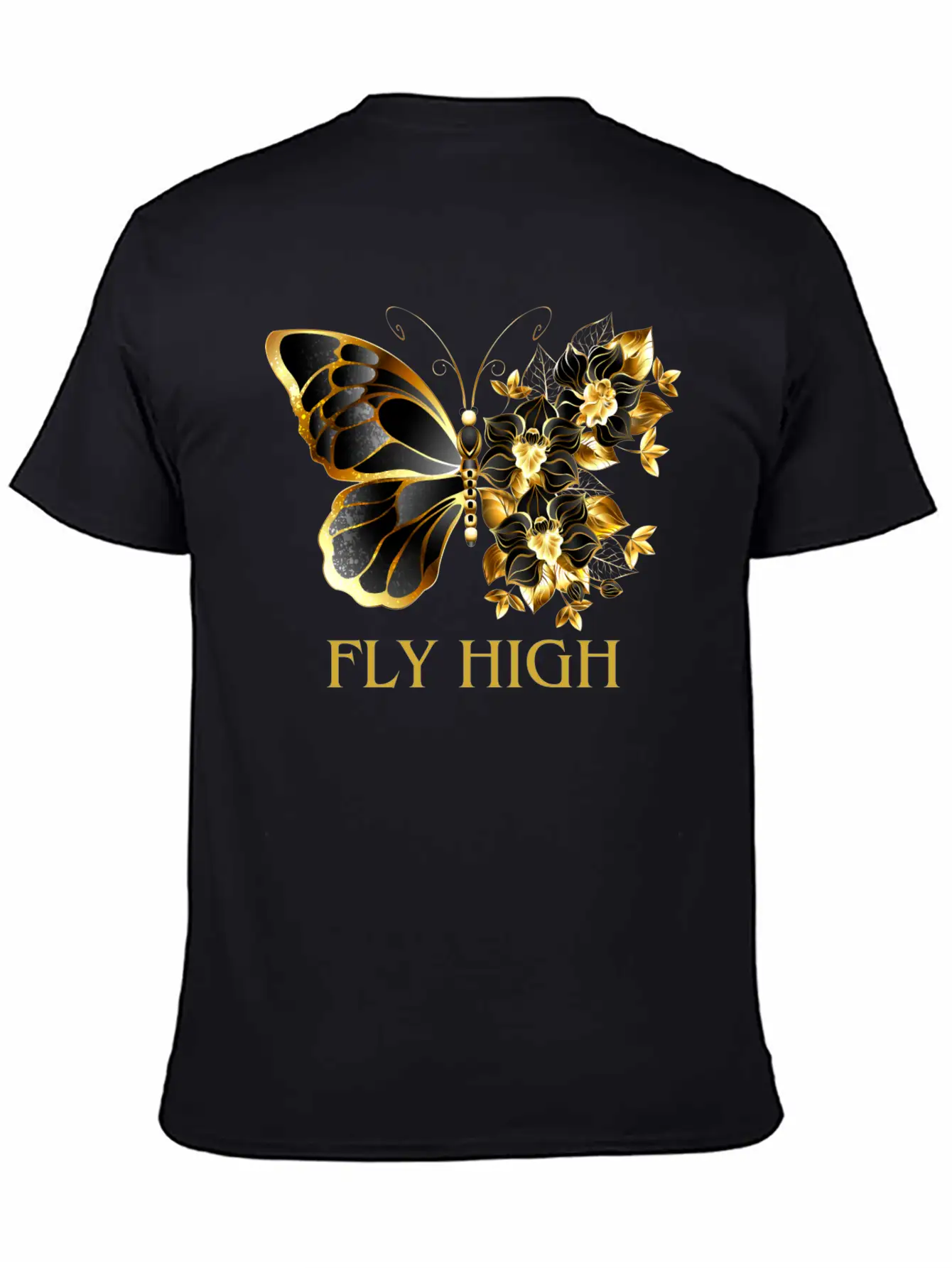 Black & Gold Butterfly With Floral Side Design Timeless Short Sleeve Tee – Comfy And Minimalist Design