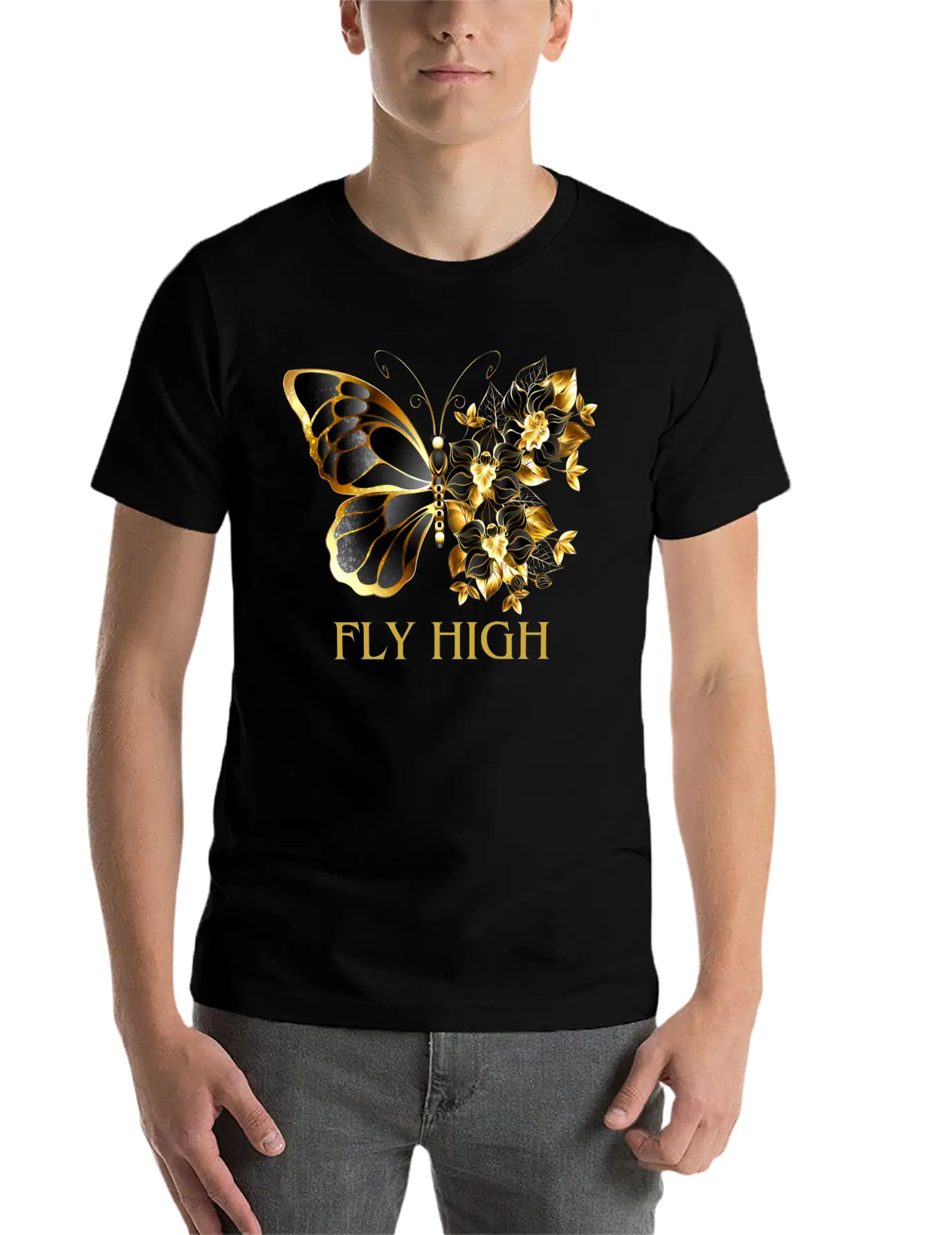 Black & Gold Butterfly With Floral Side Design Timeless Short Sleeve Tee – Comfy And Minimalist Design