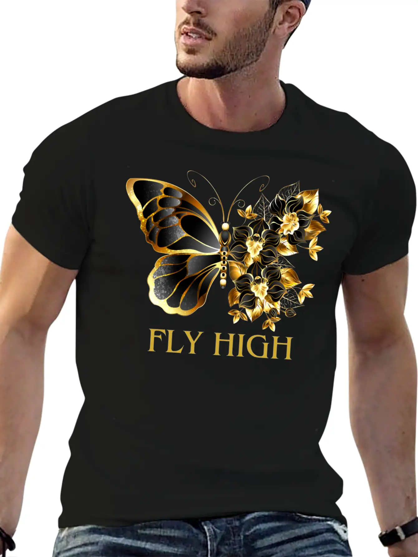 Black & Gold Butterfly With Floral Side Design Timeless Short Sleeve Tee – Comfy And Minimalist Design