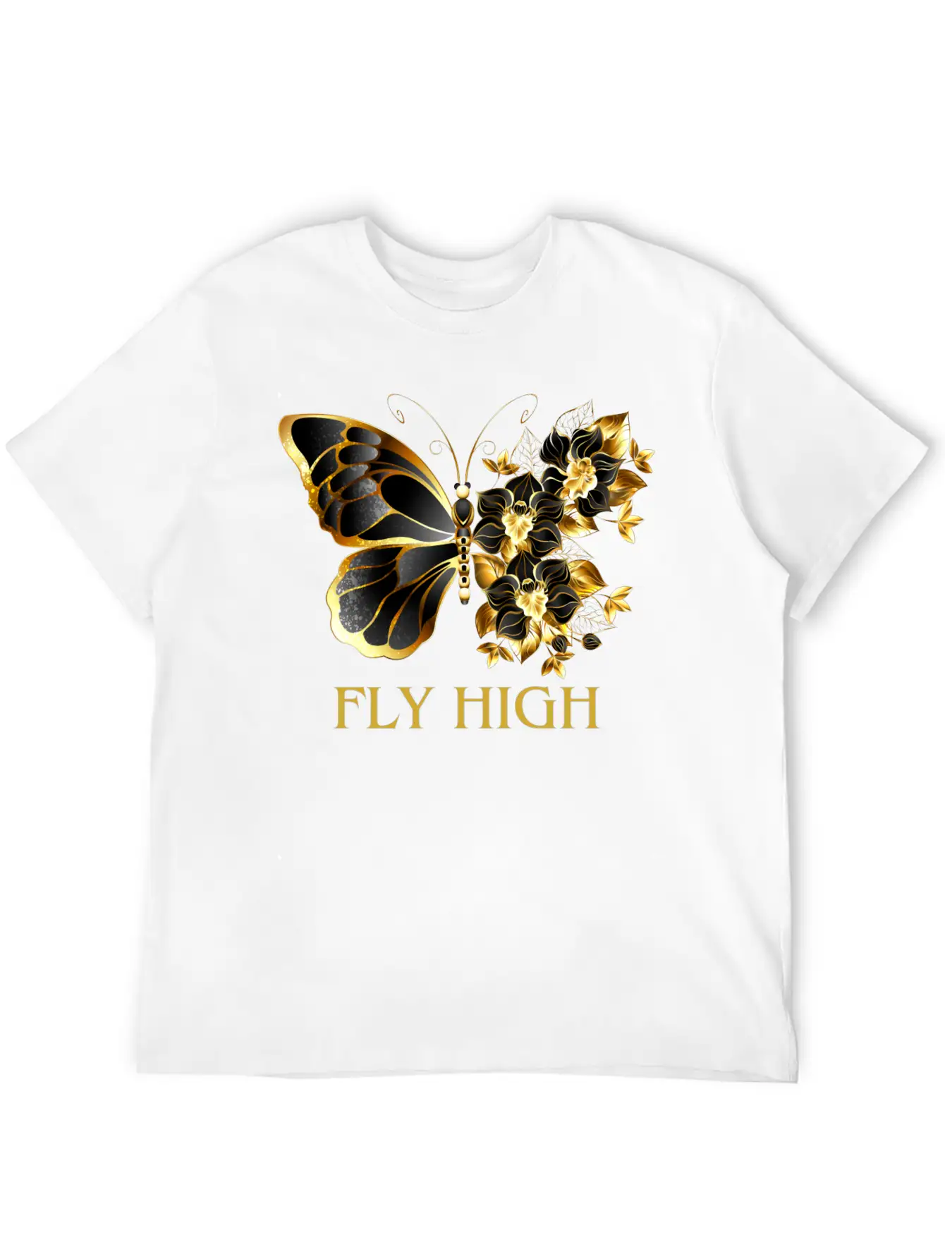 Black & Gold Butterfly With Floral Side Design Timeless Short Sleeve Tee – Comfy And Minimalist Design