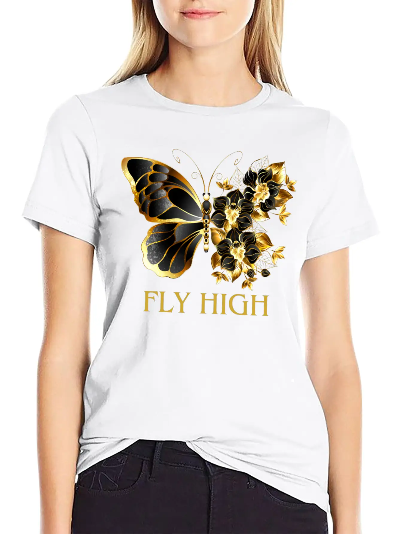Black & Gold Butterfly With Floral Side Design Timeless Short Sleeve Tee – Comfy And Minimalist Design