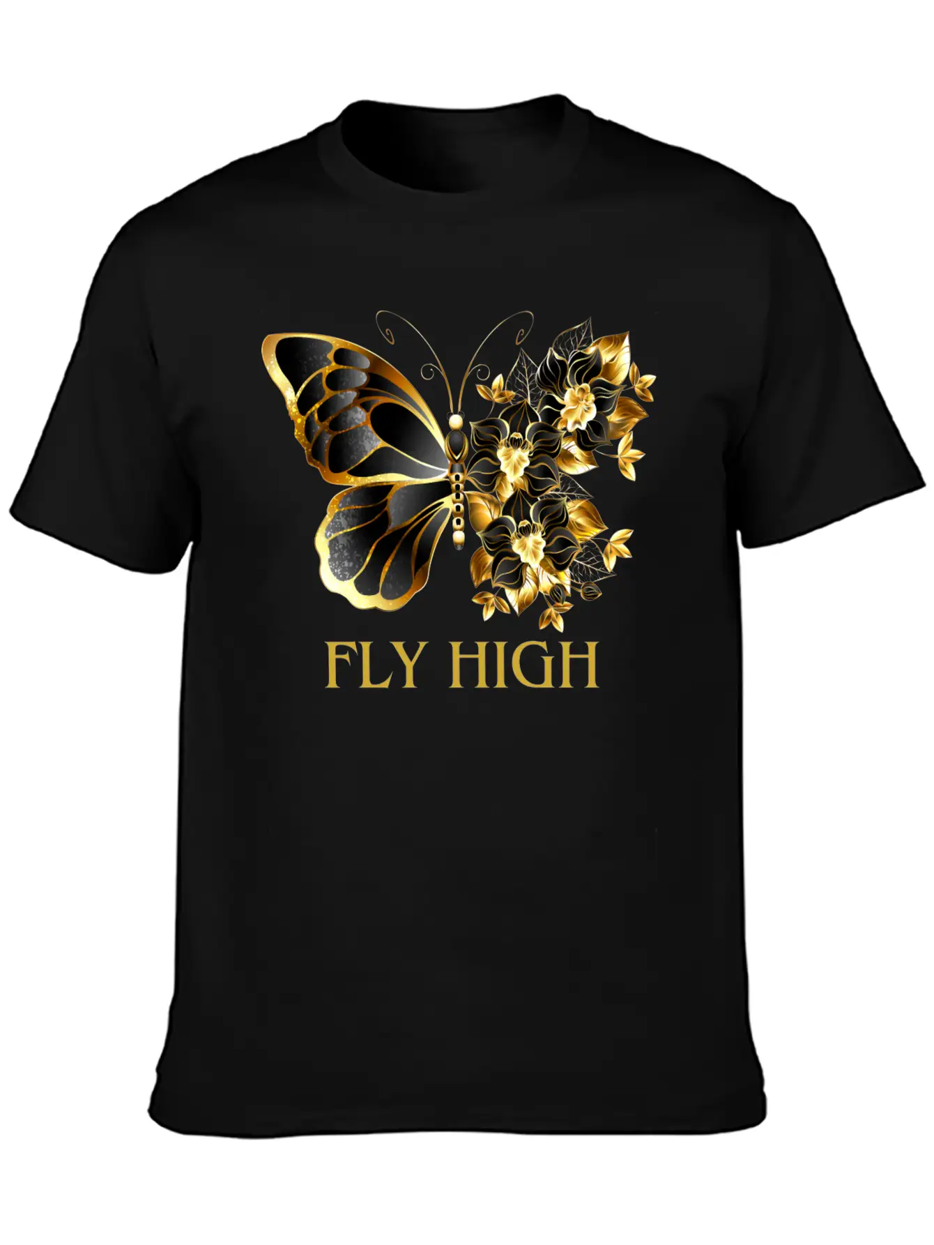 Black & Gold Butterfly With Floral Side Design Timeless Short Sleeve Tee – Comfy And Minimalist Design