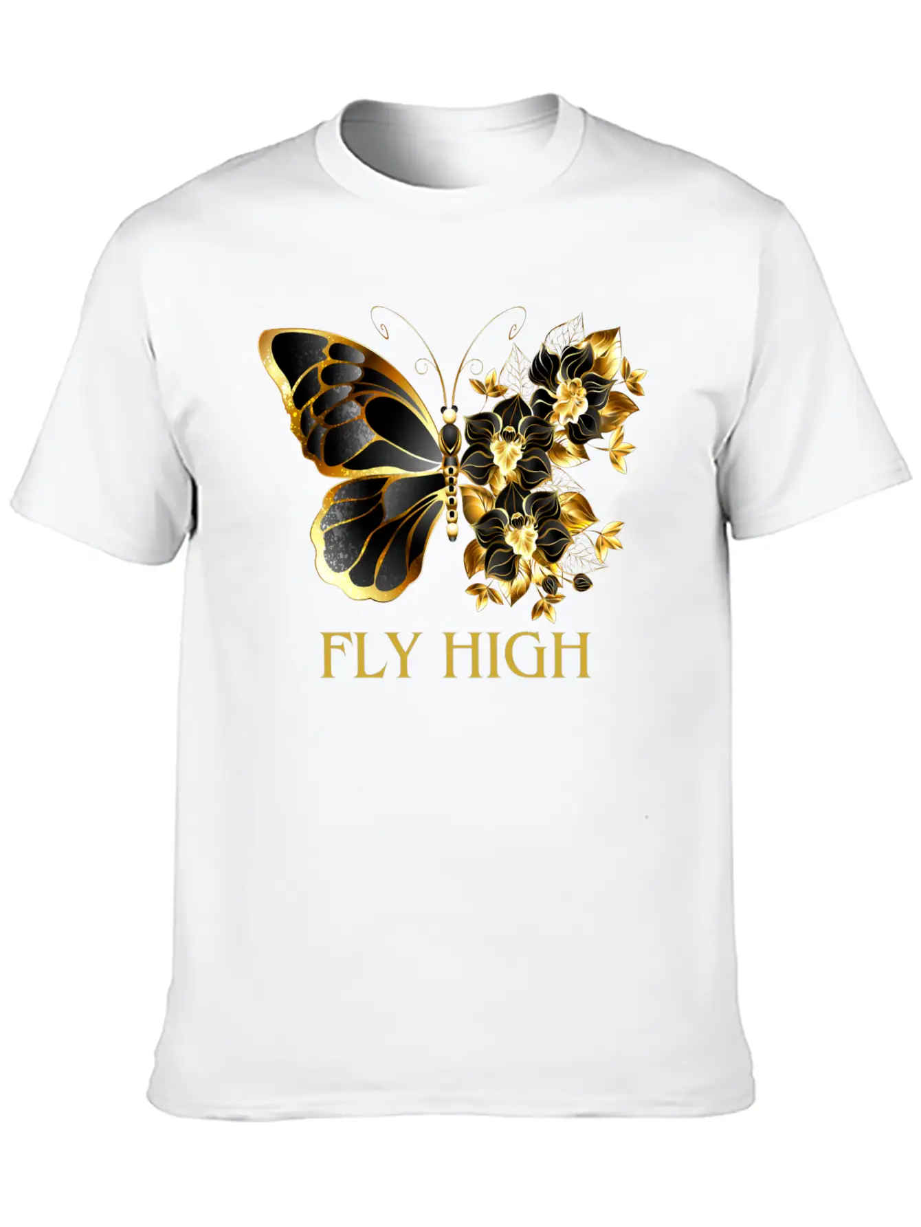 Black & Gold Butterfly With Floral Side Design Timeless Short Sleeve Tee – Comfy And Minimalist Design