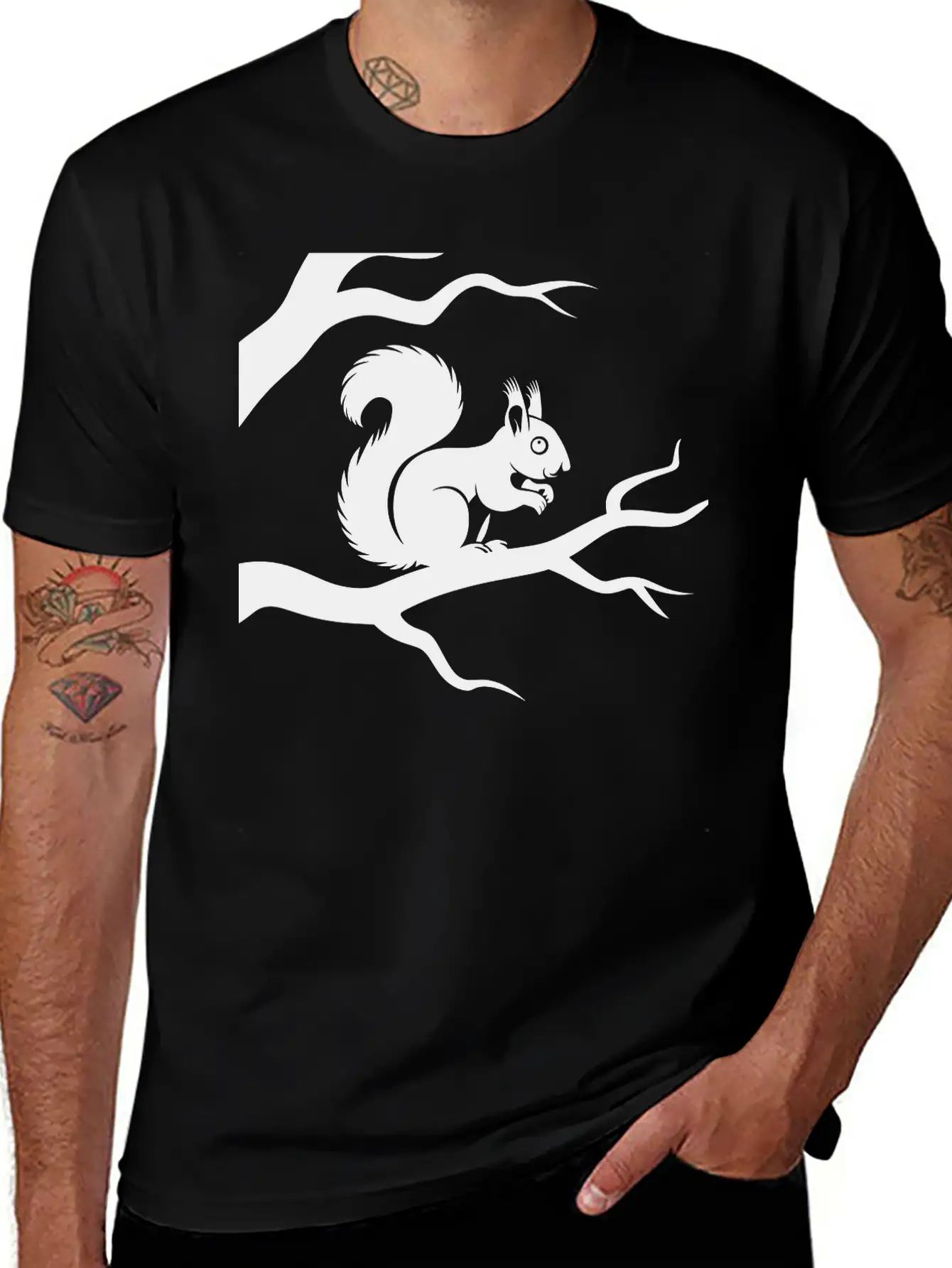 Black Squirrel Tree Branch Vector One Color Essential Unisex Summer Tee – Soft Cotton Casual Fit
