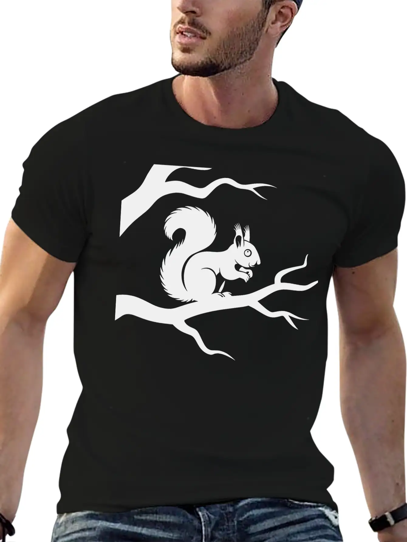 Black Squirrel Tree Branch Vector One Color Essential Unisex Summer Tee – Soft Cotton Casual Fit