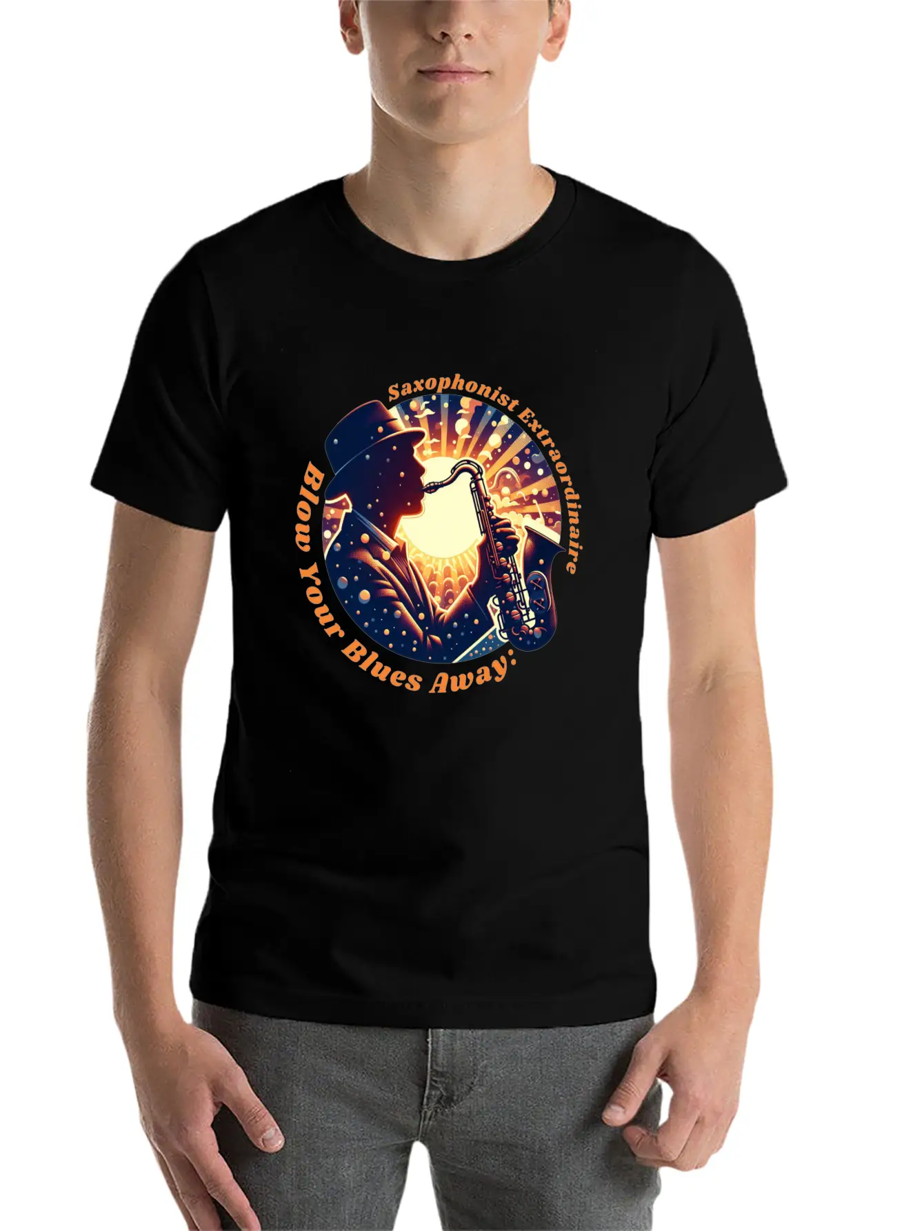 Blow Your Blues Away: Saxophonist Extraordinaire Unisex Short Sleeve Soft Cotton T-Shirt – Casual Everyday Wear