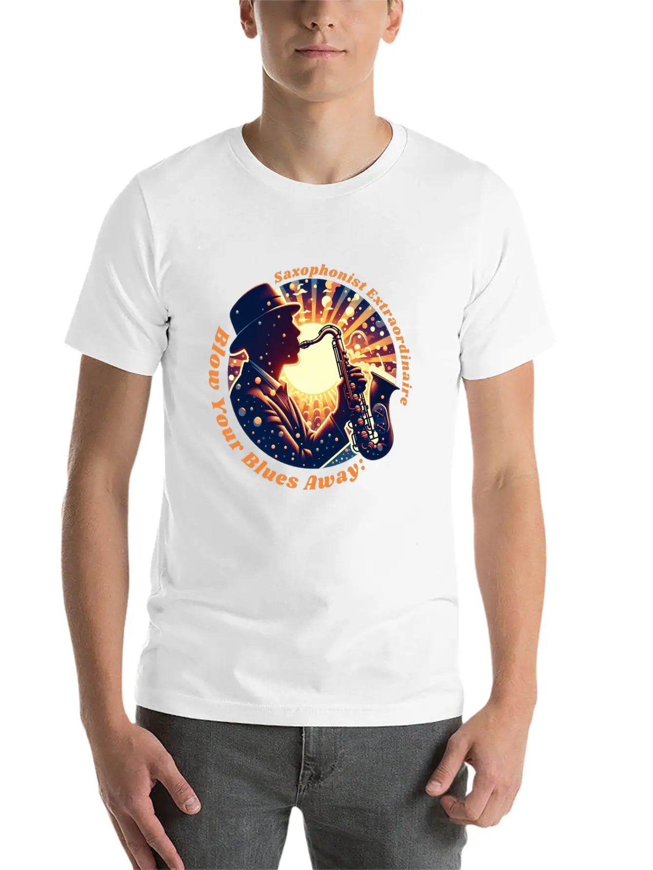 Blow Your Blues Away: Saxophonist Extraordinaire Unisex Short Sleeve Soft Cotton T-Shirt – Casual Everyday Wear