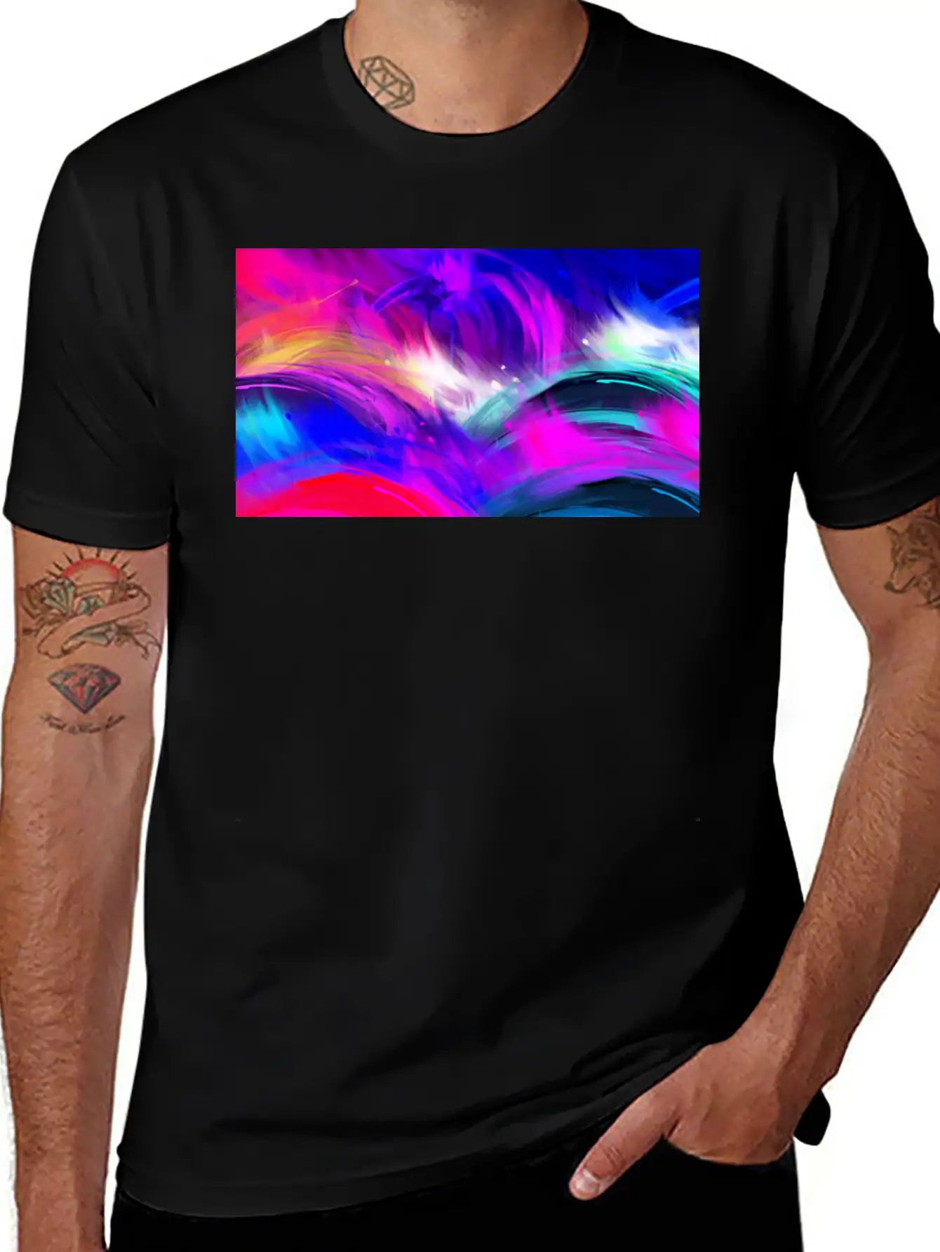 Blue And Purple Wavy Oil Grunge Paint Basic Graphic T-Shirt – Daily Comfort In Soft Cotton